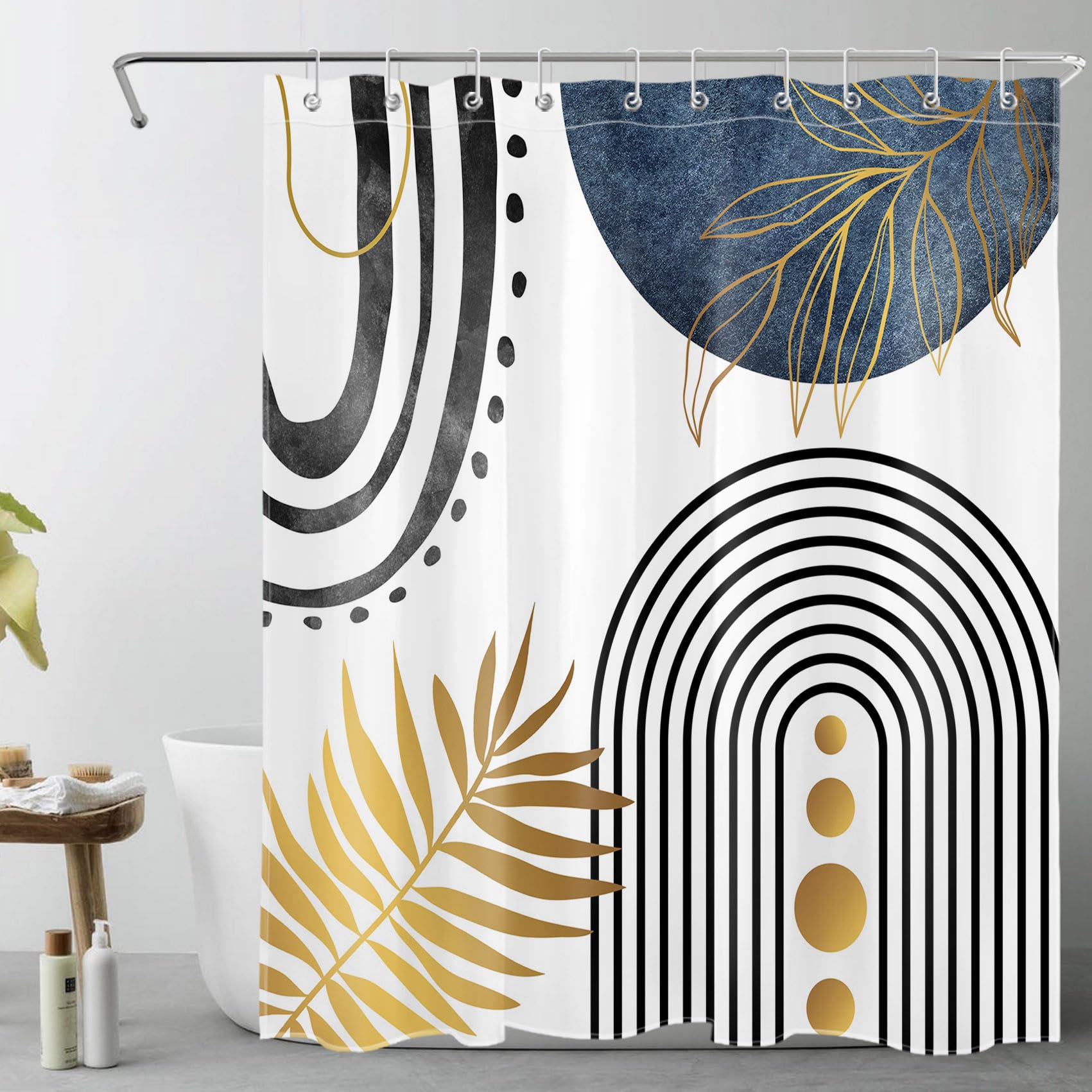 LB Mid Century Shower Curtain Black Striped Gold Plam Leaf Shower Curtains for Bathroom Bohemian Geometric Polyester Anti Mould Waterproof Bath Curtain Set with Hooks,78Lx59W inches