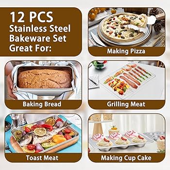 P&P CHEF Lasagna Pan Set, Stainless Steel Rectangular Baking Pan For Brownie/Cake/Meat, Non-Toxic & Heavy Duty, Deep Side & Rolled Rim, Brushed