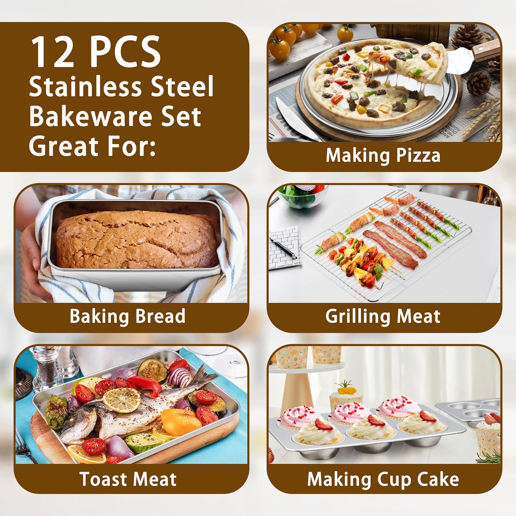 P&P CHEF - Juego de 12 moldes para hornear de acero inoxidable, incluye bandeja para hornear con estante, molde redondo/cuadrado, molde para lasaña, molde para pan, molde para magdalenas, bandeja para
