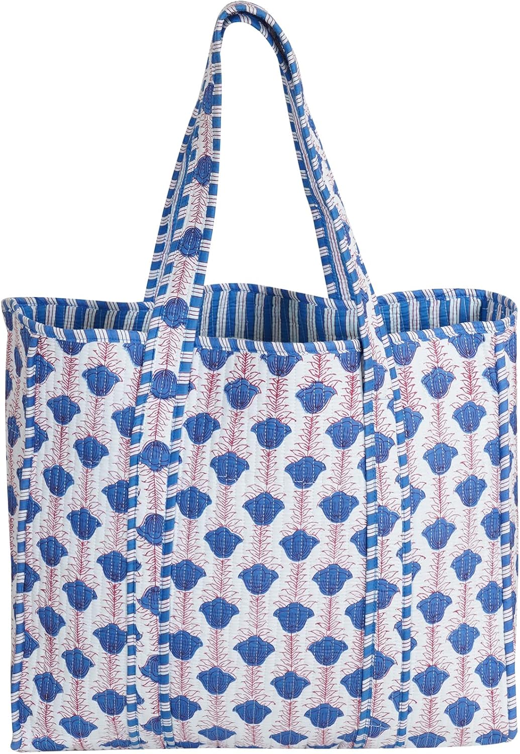 Cotton Floral Block Print Tote Bag Handmade Indian Shoulder Bag, Qiulted Market Shopping Bag image 5