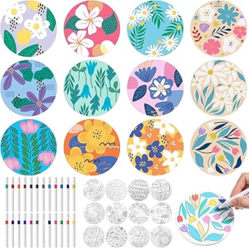 Potchen 12 Pcs Coasters Color Your Own Coaster Ceramic DIY Kits for Adults Absorbent Spring Drink Coasters with Cork Base and 12 Markers for Adult Home Table DIY Crafts GiftFlower