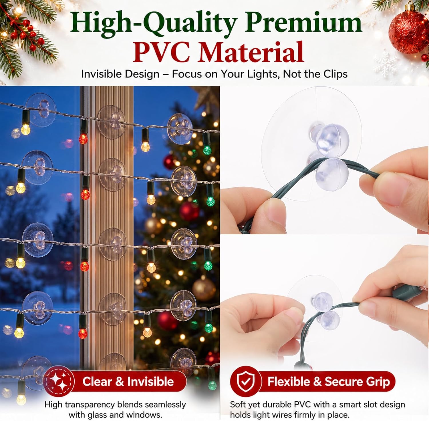 Tioncy 100 Pcs Suction Cup Hooks for Window, C5 C7 C9 Light Holders Clear