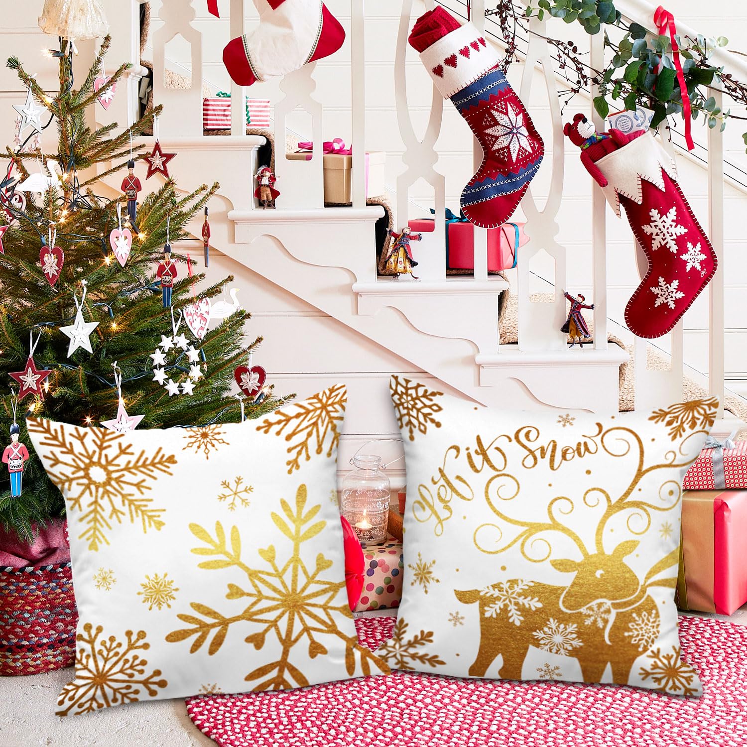 Lanpn Lot De 4 Housses De Coussin De Noël, Doré Housse D'oreiller 45 X 45, Taie D'oreiller Décorative Arbre De Noël, Noel Deco En Hiver Pour Salon Chambres Canapé, Décoration Intérieure