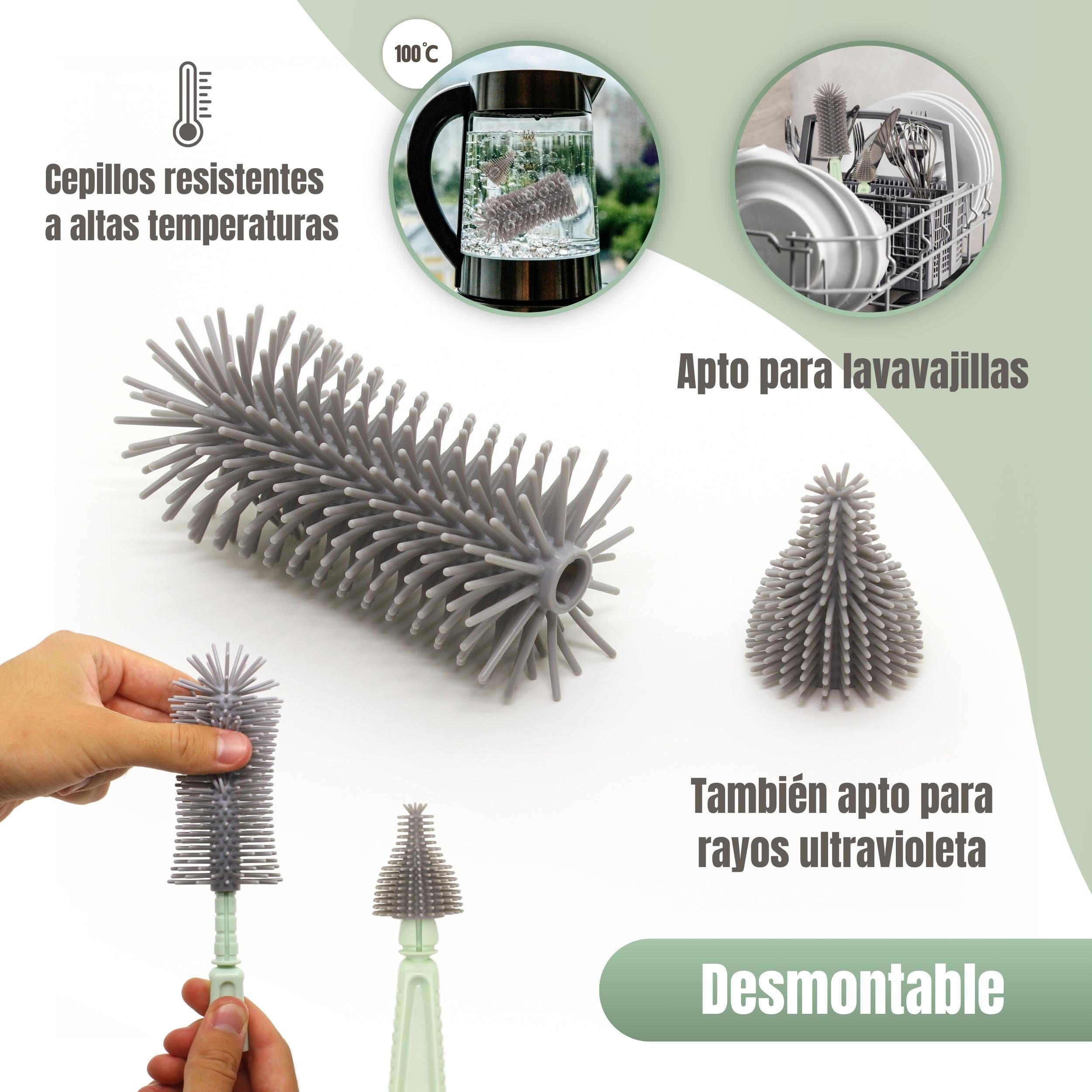 Set Escurre Biberones con Limpia Biberones - 6 en 1 Kit Cepillo Limpia Biberones con escurre biberones Plegable - Portatil - Transportable - Regalo para Bebe - SIN BPA - Verde