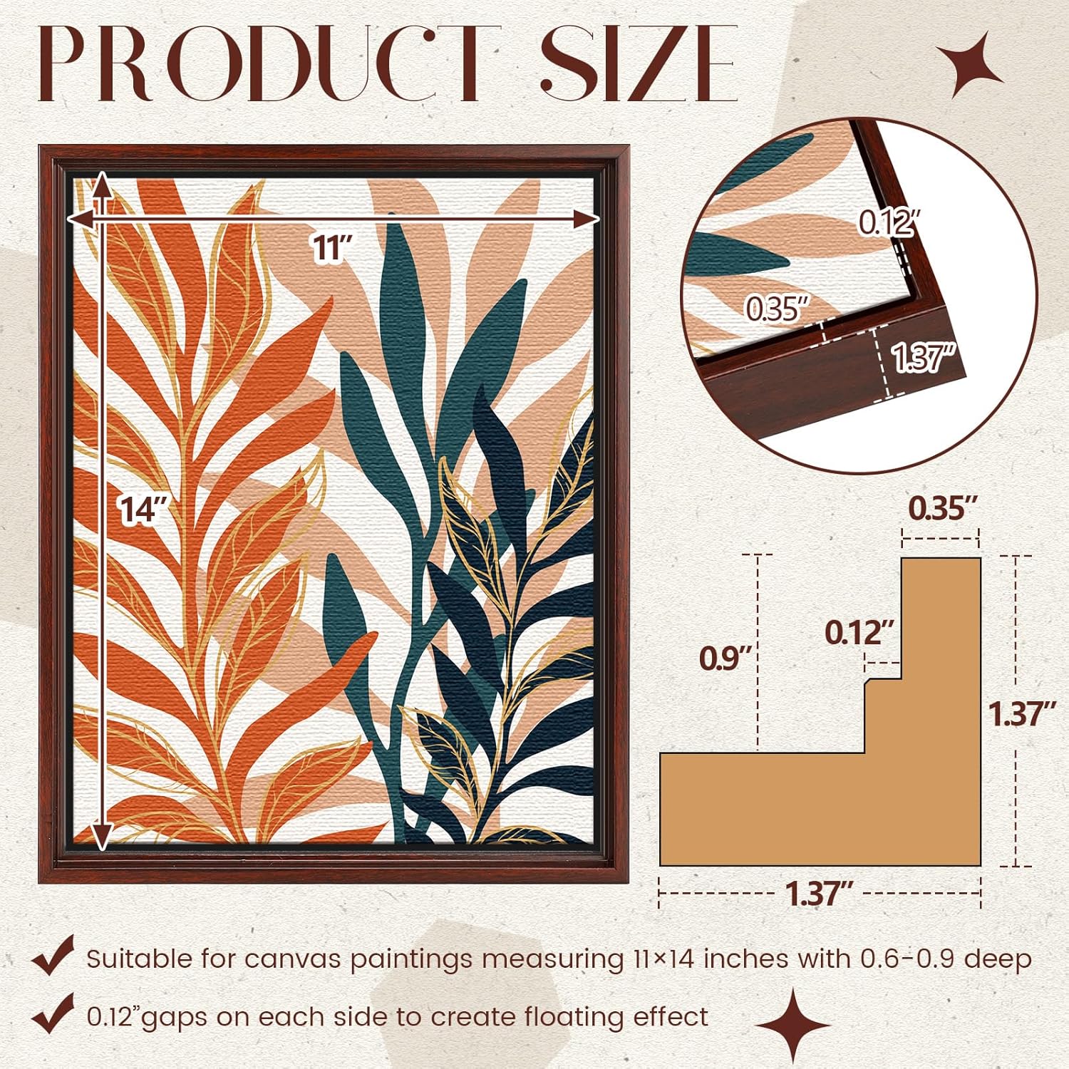 soaoo 4 pcs canvas floater frames 11'' x 14'' brown floating canvas frame 0.9" deep artwork for paintings with hardware kit included for wall prints painting, assemble required brown 11'' x 14''