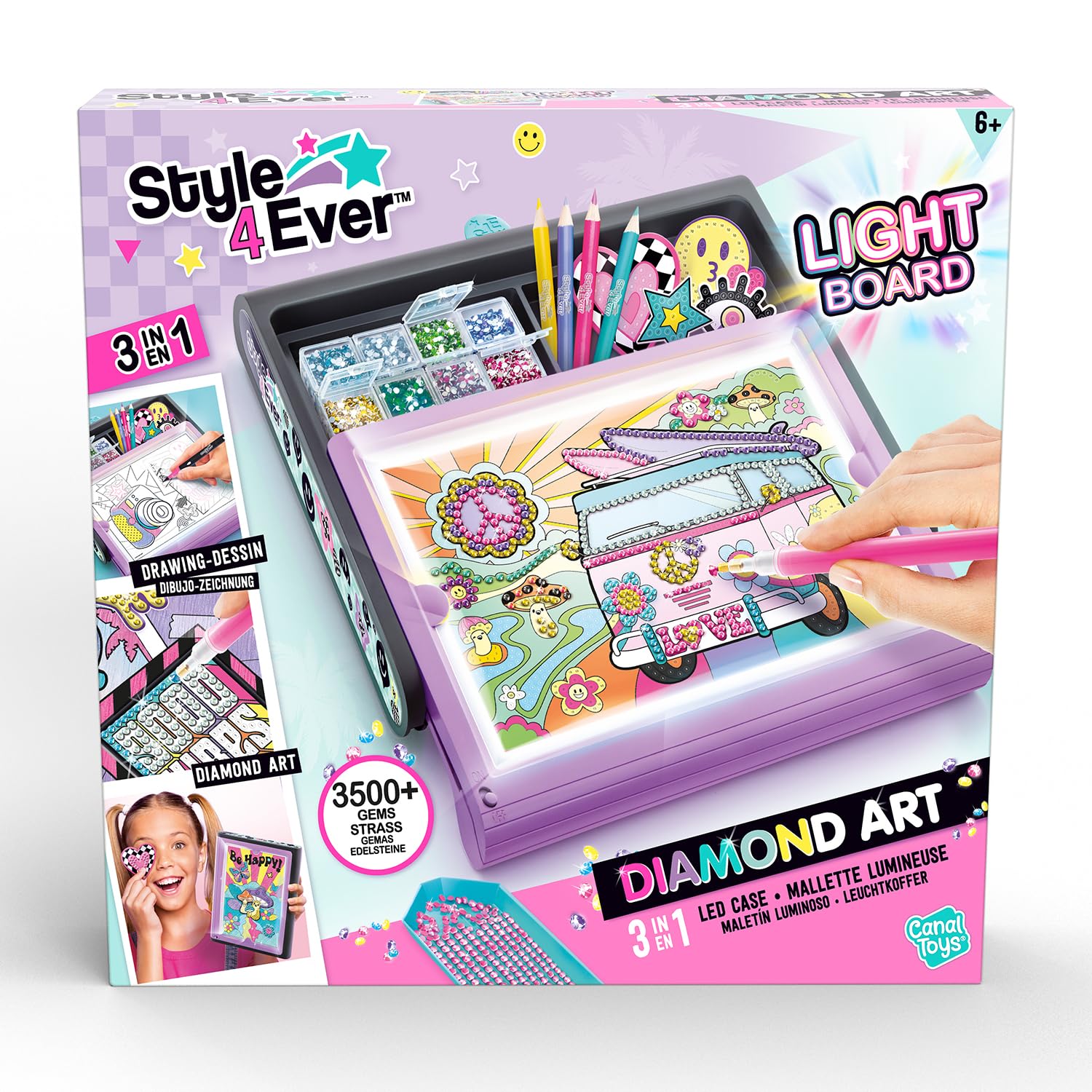 Canal Toys - Style 4Ever - Maletín LED de Arte con Diamantes | Pizarra Luminosa con Posters, Pegatinas de Diamantes, +3500 diamantes, Lápices de Colores - Diamond Art LED Case