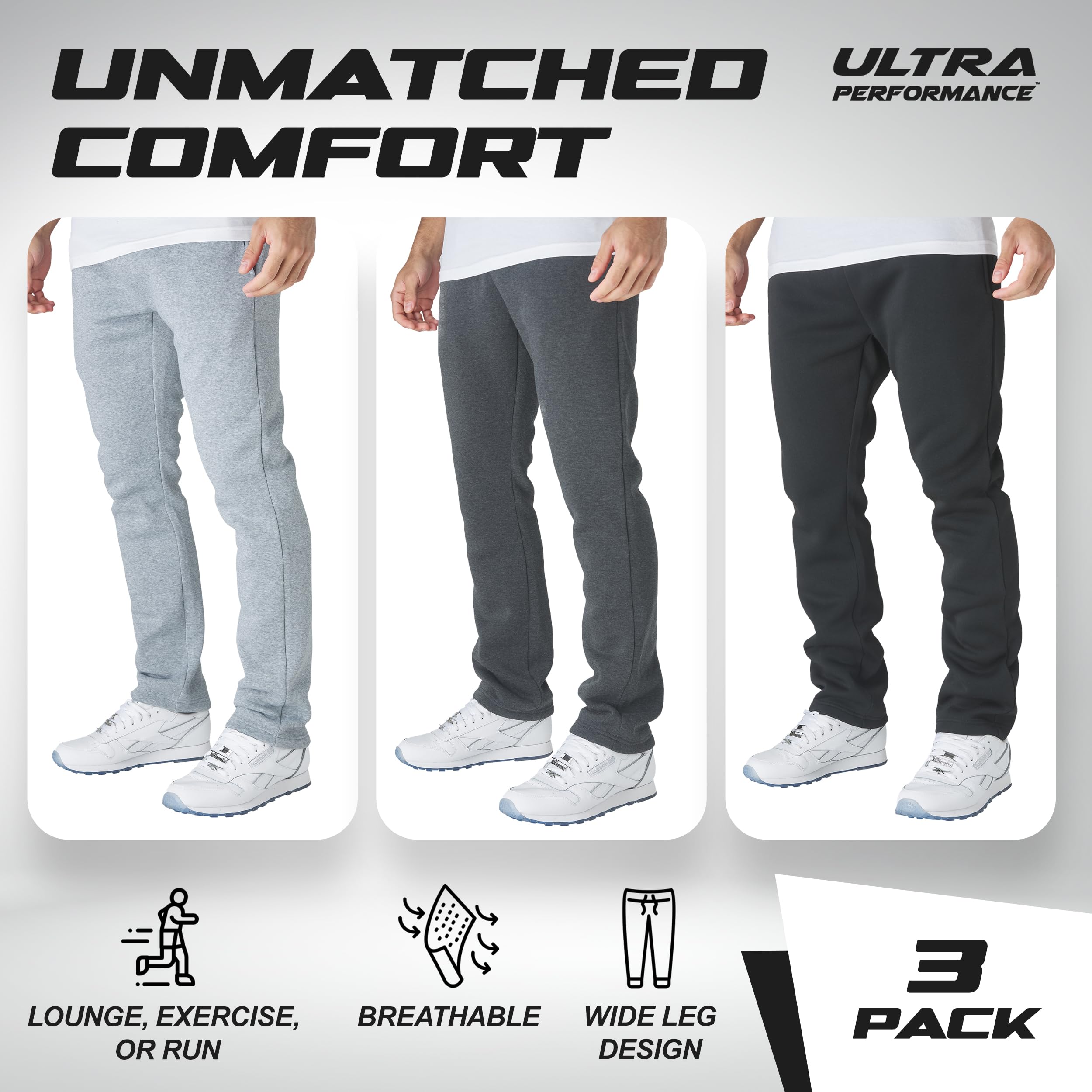 Ultra Performance 3 Pack Mens Fleece Wide Leg Sweatpants with Pockets, Open Bottom Workout Sweatpants for Men