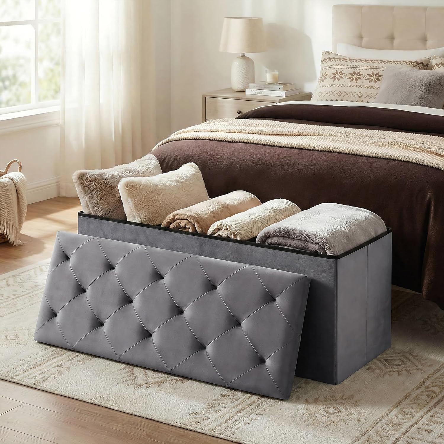 Storage Ottoman Bench, 43 Inches Folding Grey Velvet Long Ottoman with Storage for Bedroom 43.7" L x 15.7" W x 15.7" H