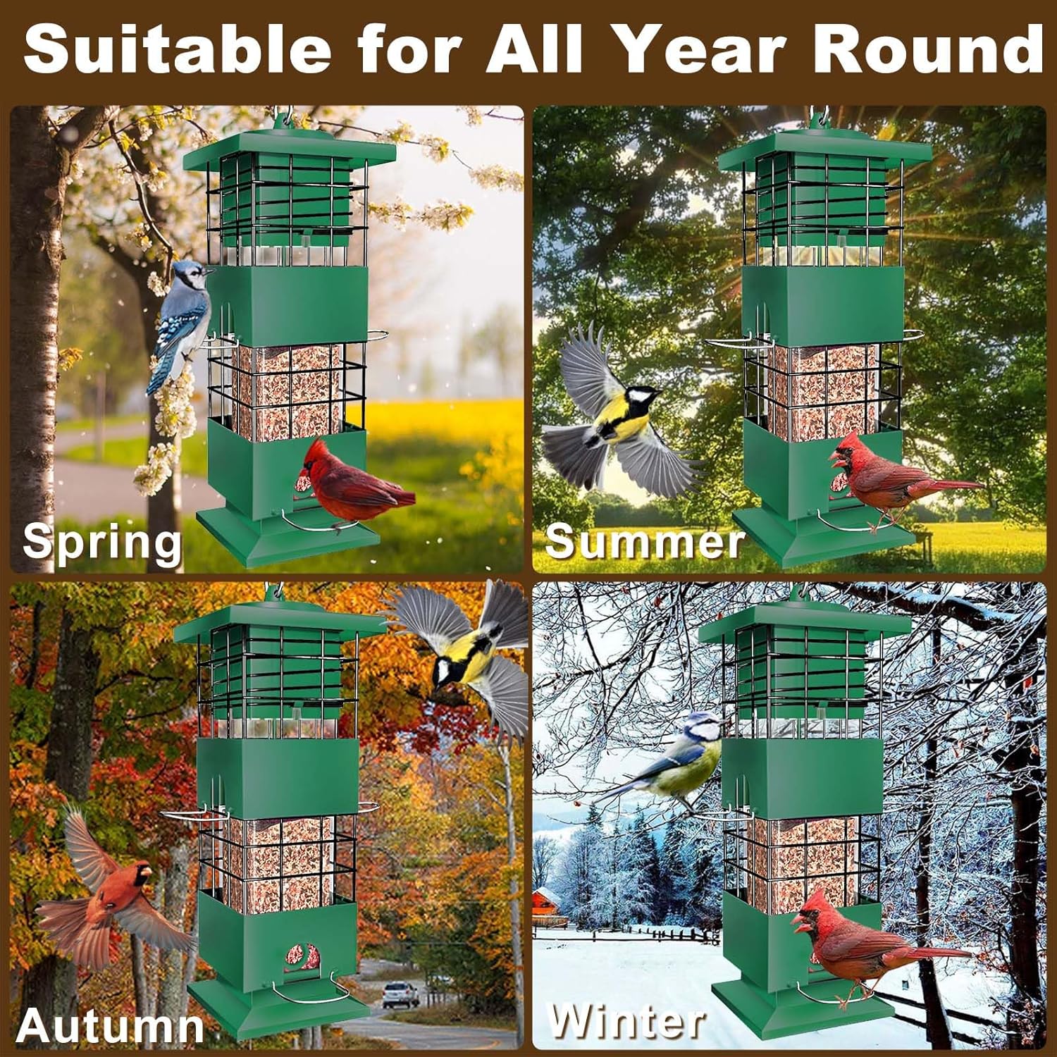 Squirrel Proof Bird Feeder, 3LBS Hanging Bird Feeders for Outdoors, Metal Weight-Activated Perches Wild Birdfeeder for Blue Jay, Cardinal, Outside (Green)