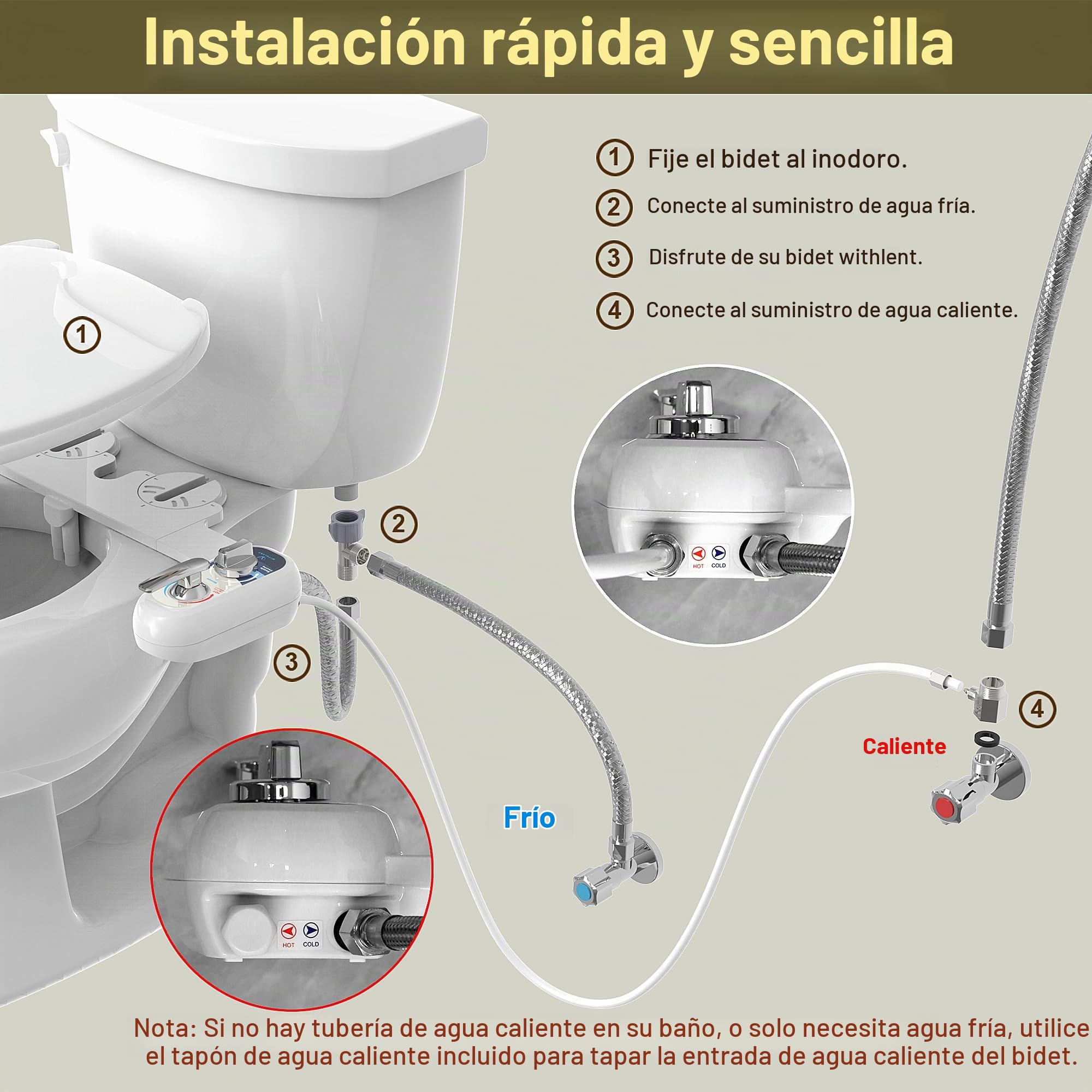 Bidet para WC Izquierda - agua tibia Bidet para Inodoro Bidet No Eléctrico, Ducha WC Adaptador Doble Boquilla. Inodoro con Chorro de Agua - Duchas Bidet Higienicas
