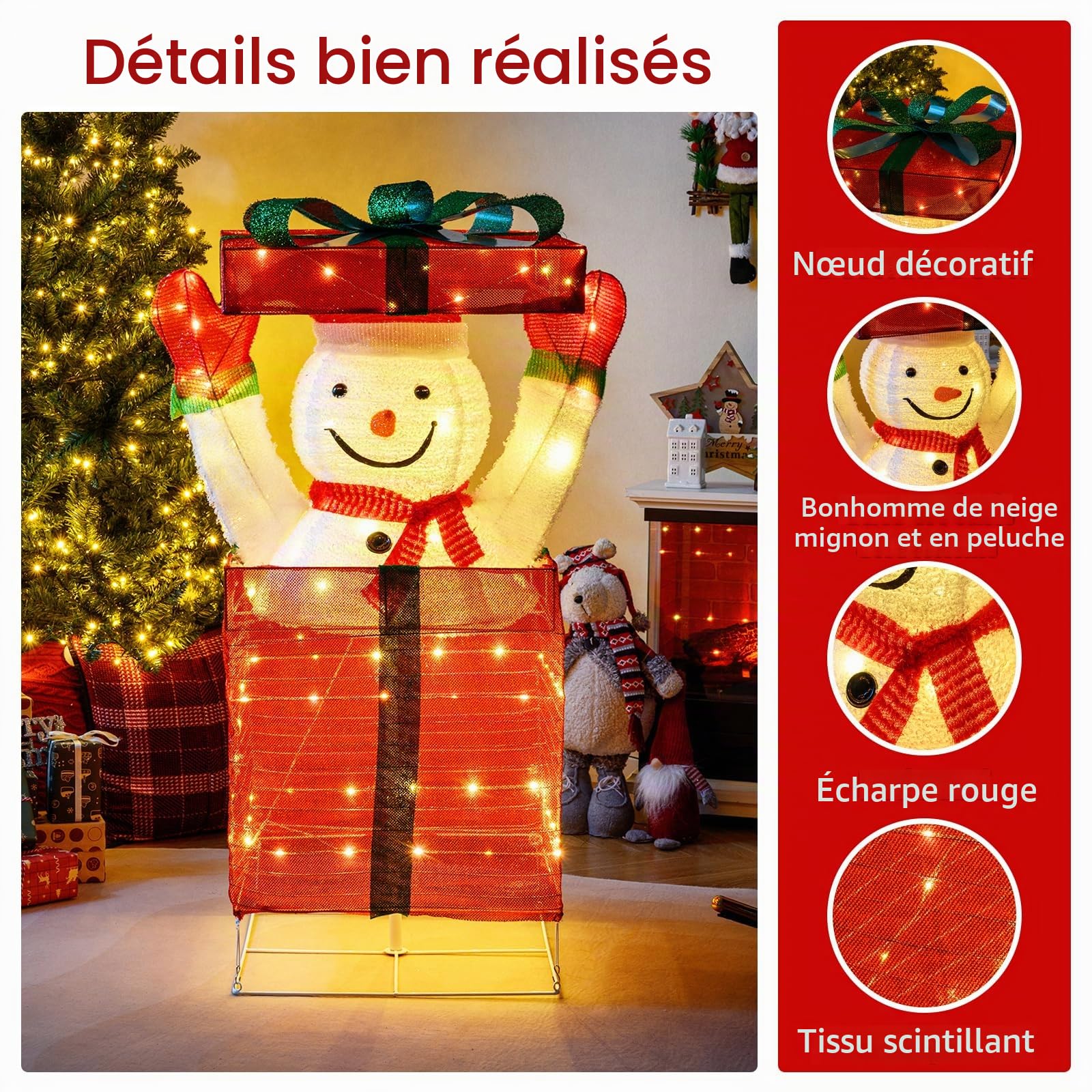 SOARS Decoration Noel, Bonhomme de Neige en Boite Cadeau 115 CM, 100 LED | 100 Lumières LED Blanc Chaud, Piquets & Attaches, Decoration Noel Exterieur Interieur Maison pour Salon, Cour, Jardin, Sapin