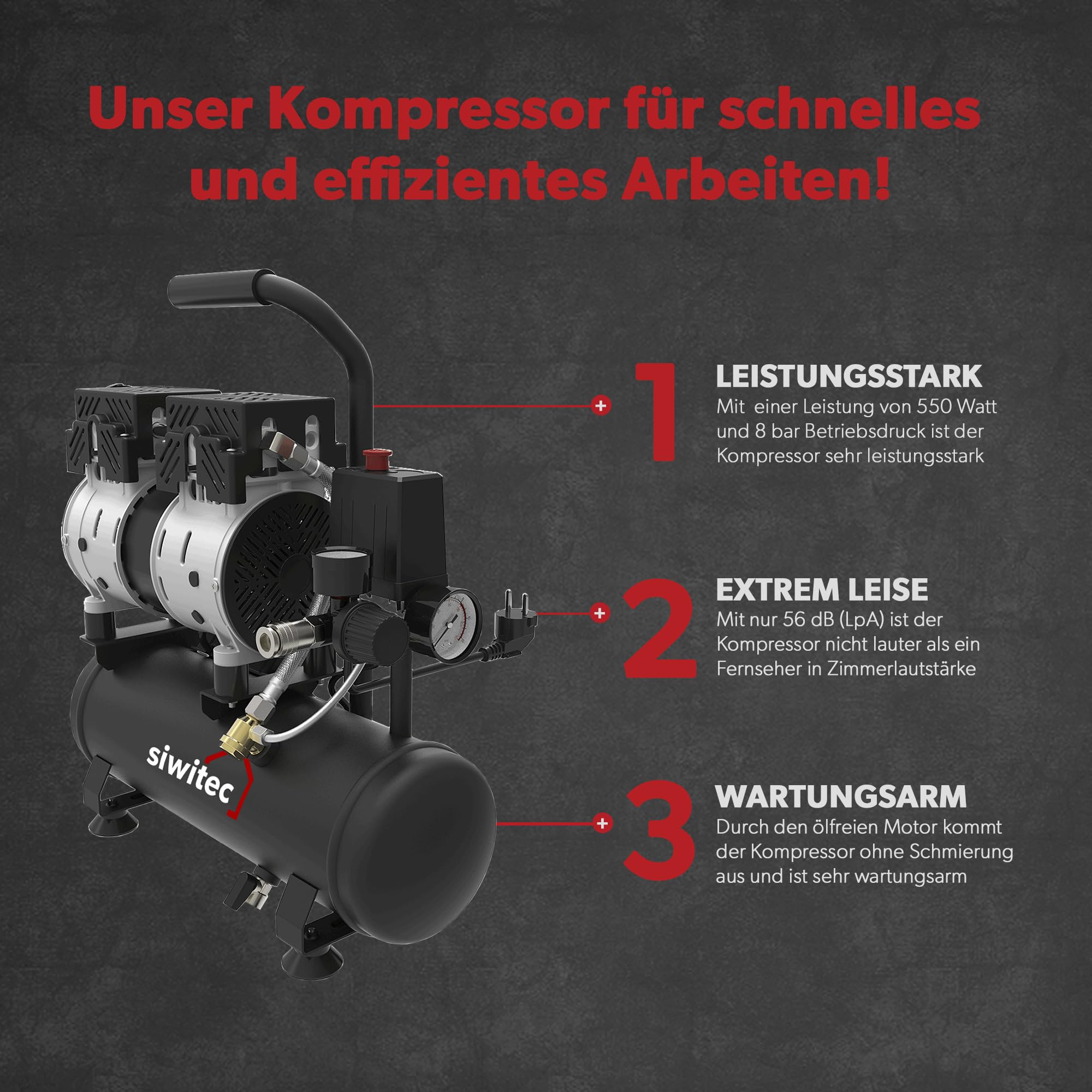 siwitec Flüsterkompressor SK-550 inkl. 5 m Druckluftschlauch und Reifenfüller mit 4 Adaptern | Kompressor mit 550 W, 6 L Kessel, max. Druck 8 bar, 56 dB, 106 l/min Ansaugleistung | ölfrei