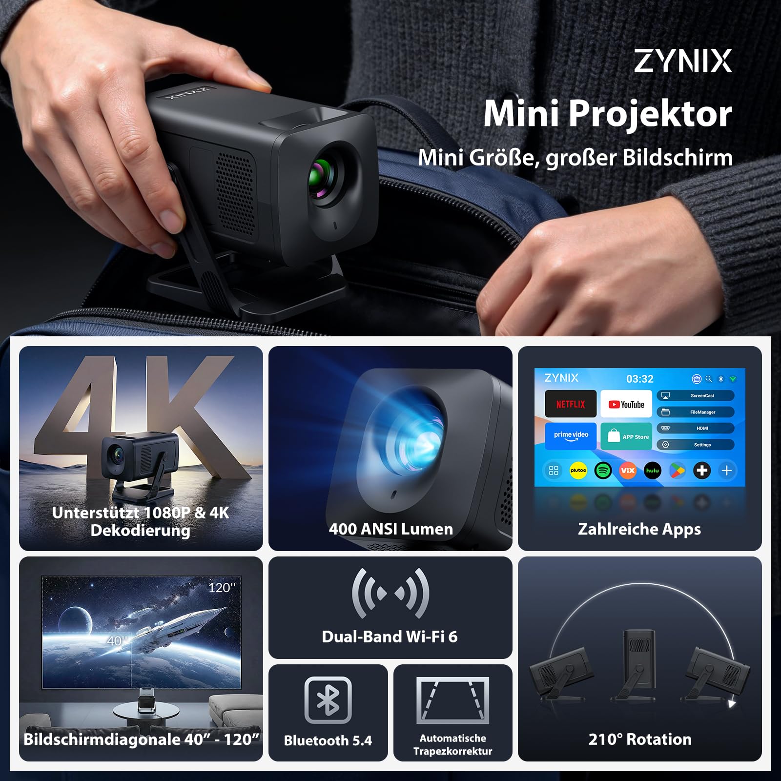 Mini Beamer mit Android 14 & Integrierte Apps, unterstützt 4K & 1080P | ZYNIX NIX500 Projektor Heimkino mit WiFi 6 & Bluetooth 5.4, Auto Keystone & 210° Rotation für Heimkino & Outdoor