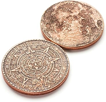 The Sun and Moon Worry Coin - Aztec Sun Stone Calendar and Moon in Copper