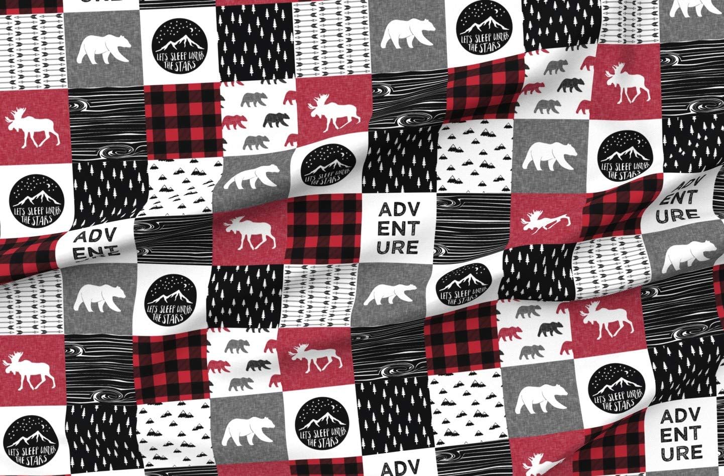 Spoonflower Fabric - Happy Camper Buffalo Plaid Woodland Patchwork Wholecloth Moose Bear Printed on Minky Fabric by The Yard - Sewing Baby Blankets Quilt Backing Plush