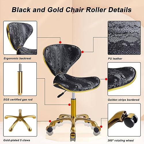 Miniatura 6 de Silla de escritorio de oficina en casa sin brazos, cómoda silla de tocador pequeña de piel sintética con respaldo y ruedas, taburete giratorio de