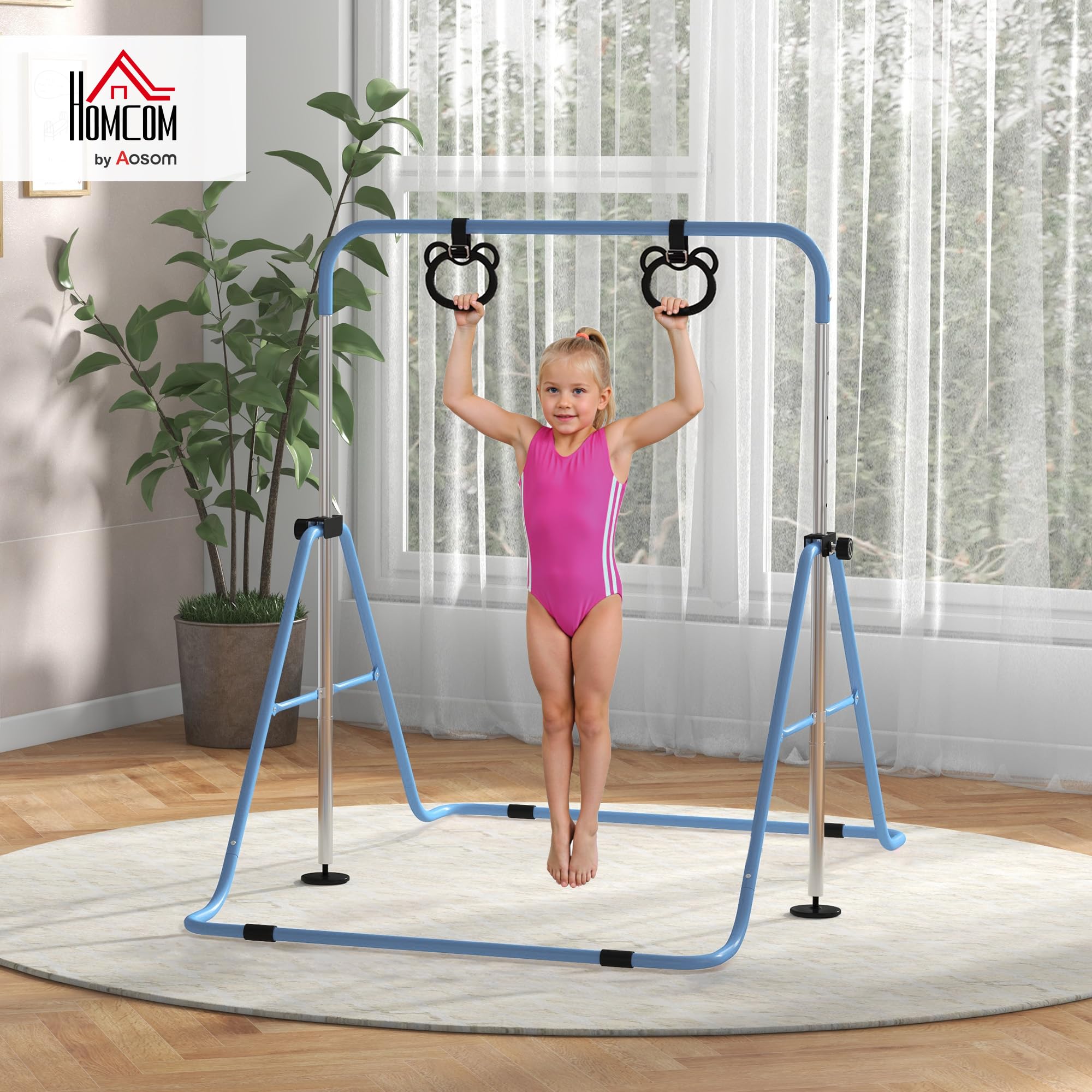 HOMCOM Barre de Gymnastique pour Enfants, Barre Horizontale, équipement de Gymnastique Pliable à Hauteur réglable 88-128 cm avec Anneaux de Gymnastique