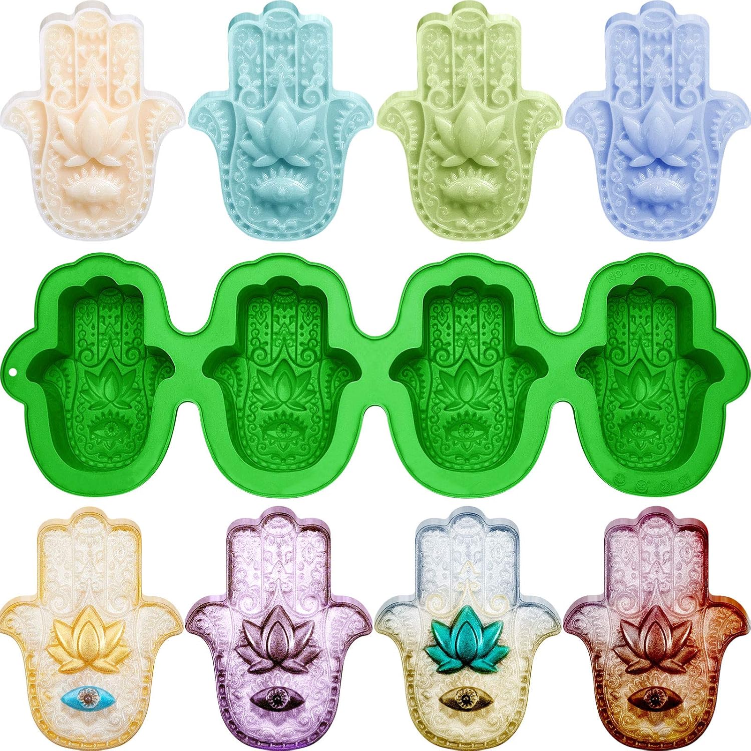 Hamsa Silicone Soap Molds 4 Cavities Hand of Fatima Silicone Molds Lotus in The Palm Soap Mold for DIY Soap Candle Making Ice Cube Resin Casting (Green)