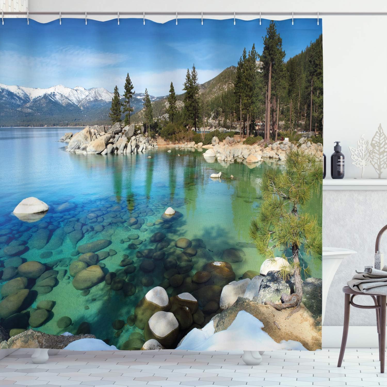 Ambesonne Lake Tahoe Shower Curtain, Scenic American Places Mountains Snow Rocks in The California Summer, Cloth Fabric Bathroom Decor Set with Hooks, 69" W x 75" L, Turquoise Evergreen