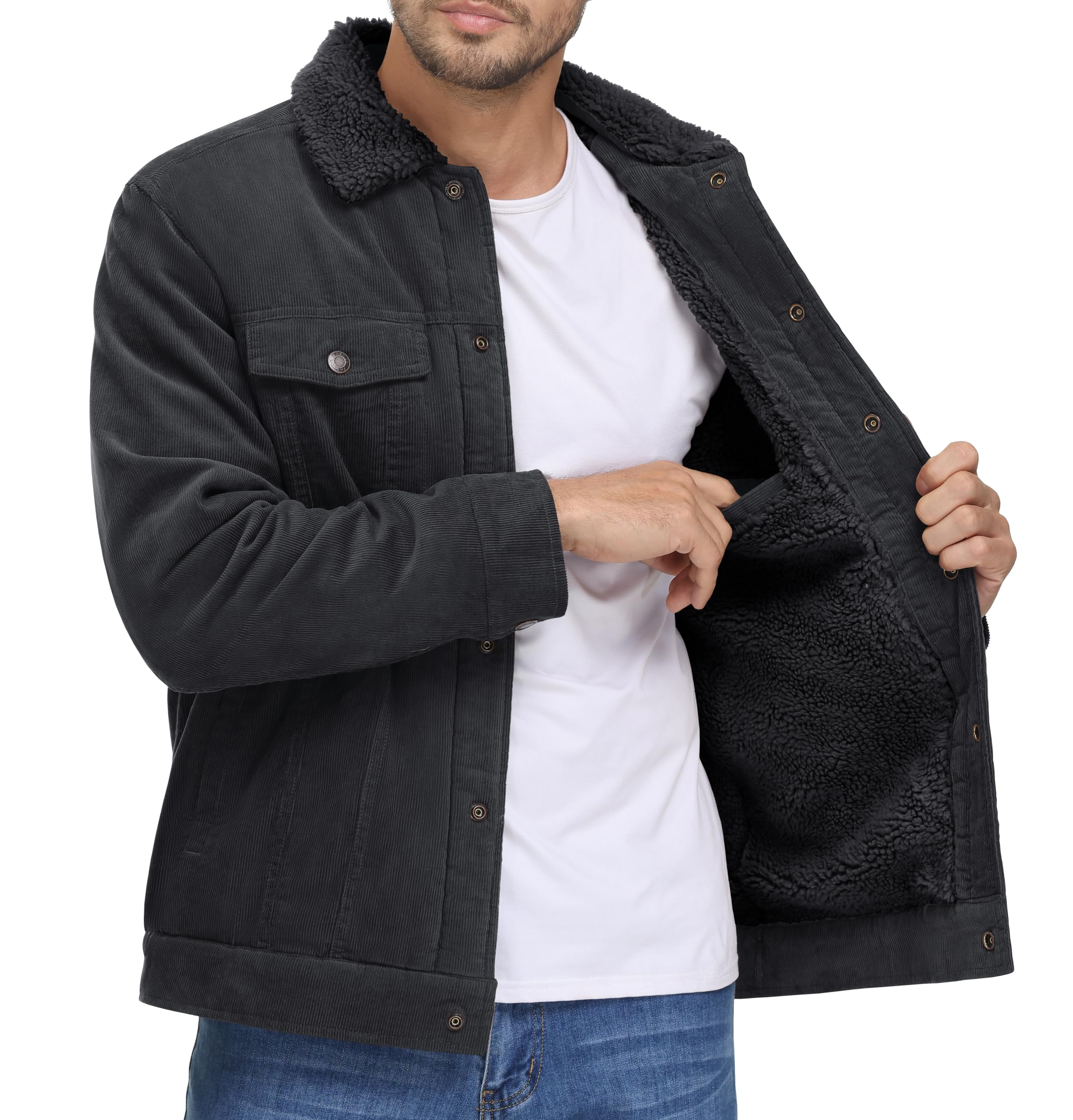 MAGNIVIT Men's Corduroy Fleece Cargo Jacket Winter Snap Button Lapel Sherpa Lined Trucker Cowboy Coat with 5 Pockets
