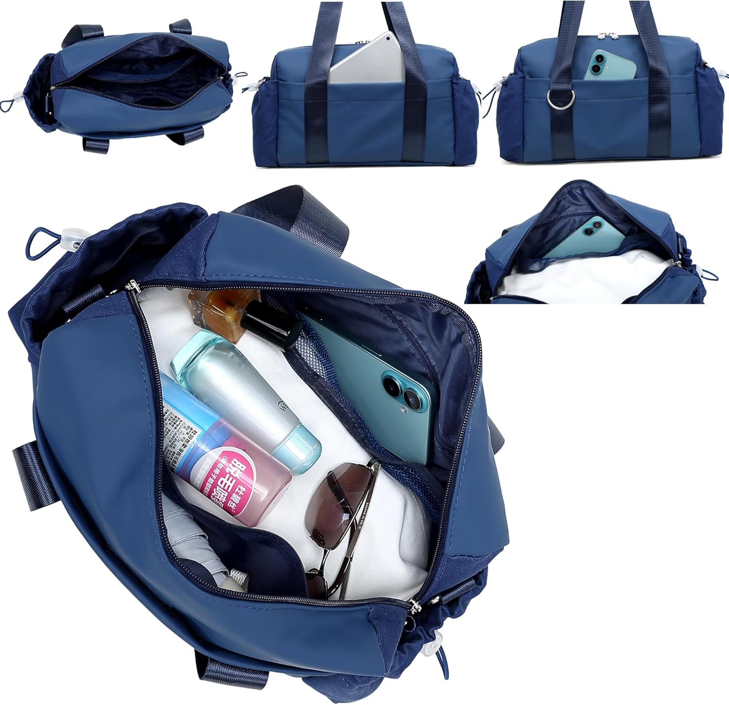 Everyday Mini Gym Bag for Women 2.0, Small Tote with Zipper Compartment Waterproof Travel Duffle Cute Handbag Workout Carry On with Removeable Shoulder Strap & Coin Wallet Easy to Clean - Navy