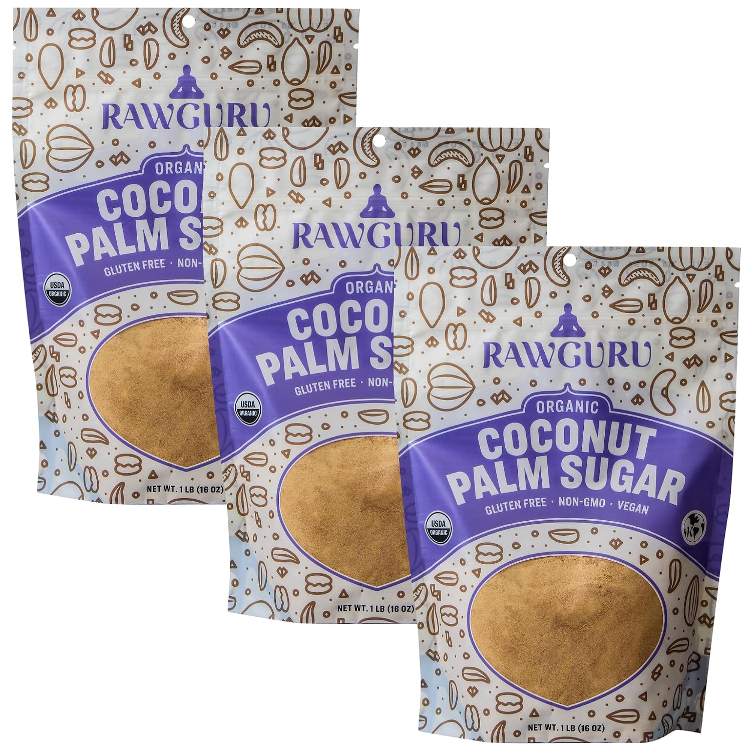 RawGuru Organic Bali Coconut Palm Sugar - 16 oz (Pack of 2) - Gluten-Free | Non-GMO | Vegan | Kosher | Low Glycemic | Unrefined