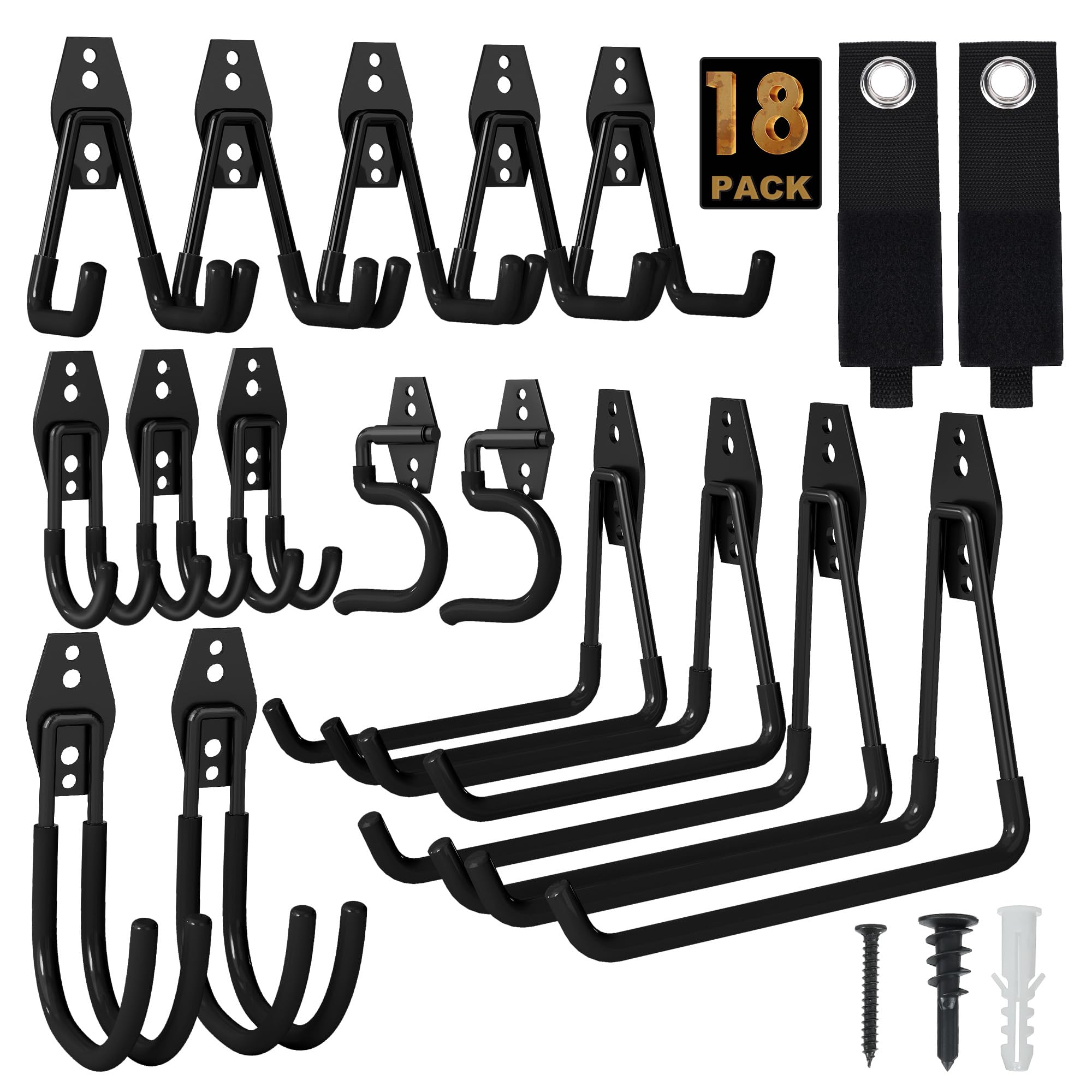 TECHSHARE Garage Hooks, 18 Pack Heavy Duty Hooks, 6 Sizes Shed Hooks for Garden Tools, Ladder Hanging, Garage Storage(Black Wall Hook)