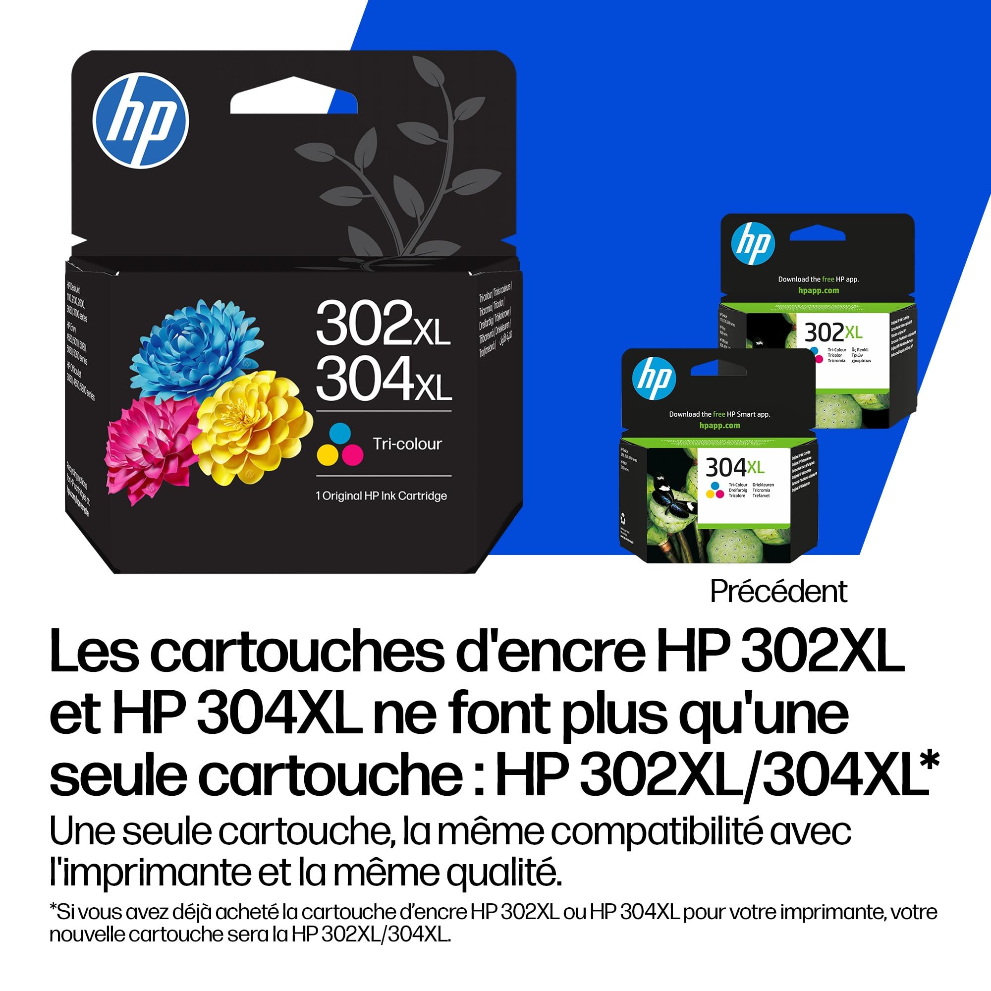 HP 302XL/304XL Trois Couleurs, Cartouche Encre Originale, Grande Capacité | Compatible avec les gammes d'imprimantes DeskJet 1110, 2130, Envy 4520, OfficeJet 3830, 5220, 5230, 300 pages (B7RT8AE)