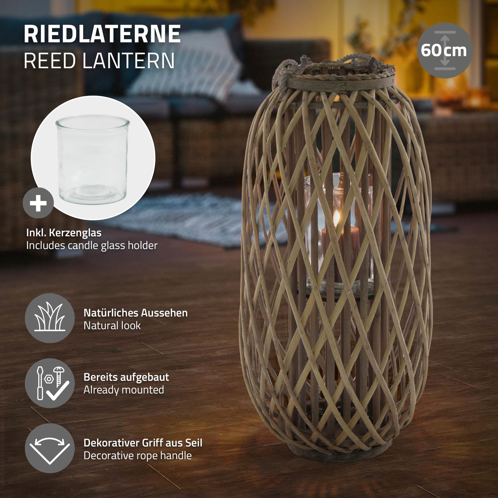 ECD Germany Lanterne Rotin 60 x Ø30 cm Poignée Bois Naturel Gris/Marron Décoration Rétro Vannerie Jardin Extérieur