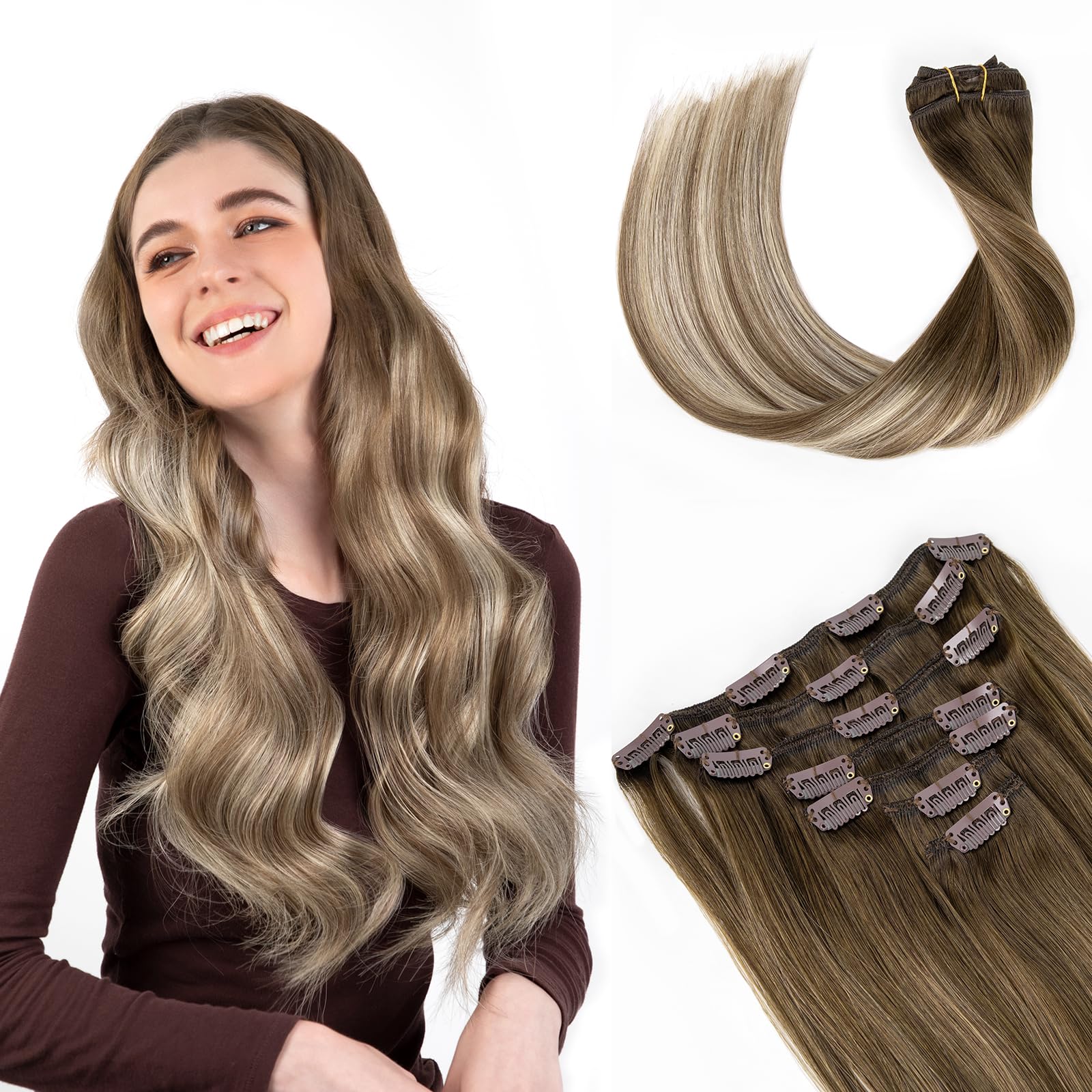 SOBEAUTY Hair Extensions Clip in, 100% Real Human Hair Extensions, 7 Pcs 120G Volume Invisible Clip in Human Hair Extensions