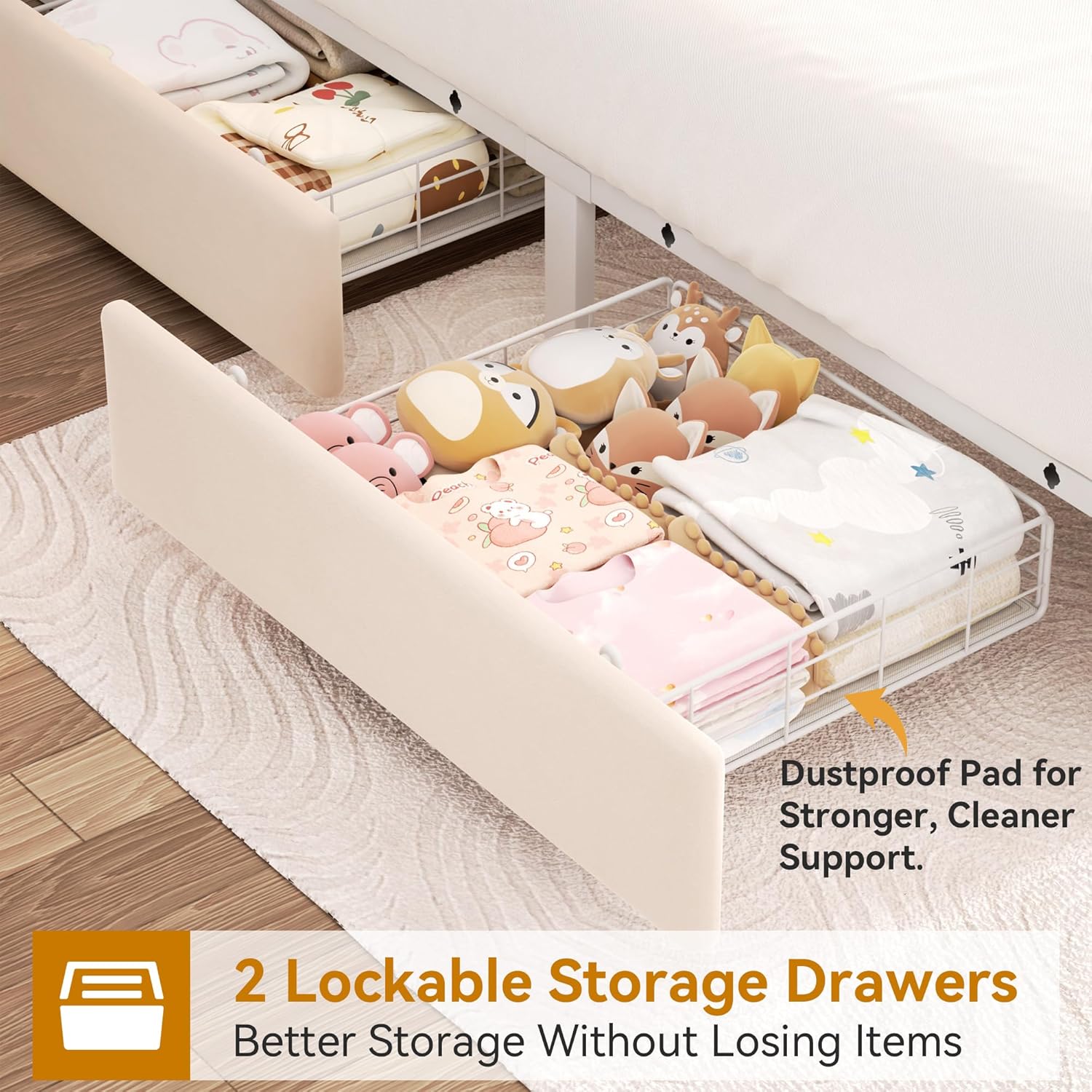 Gertutik view of an open storage drawer under the bed, showing items stored inside and the dustproof pad.