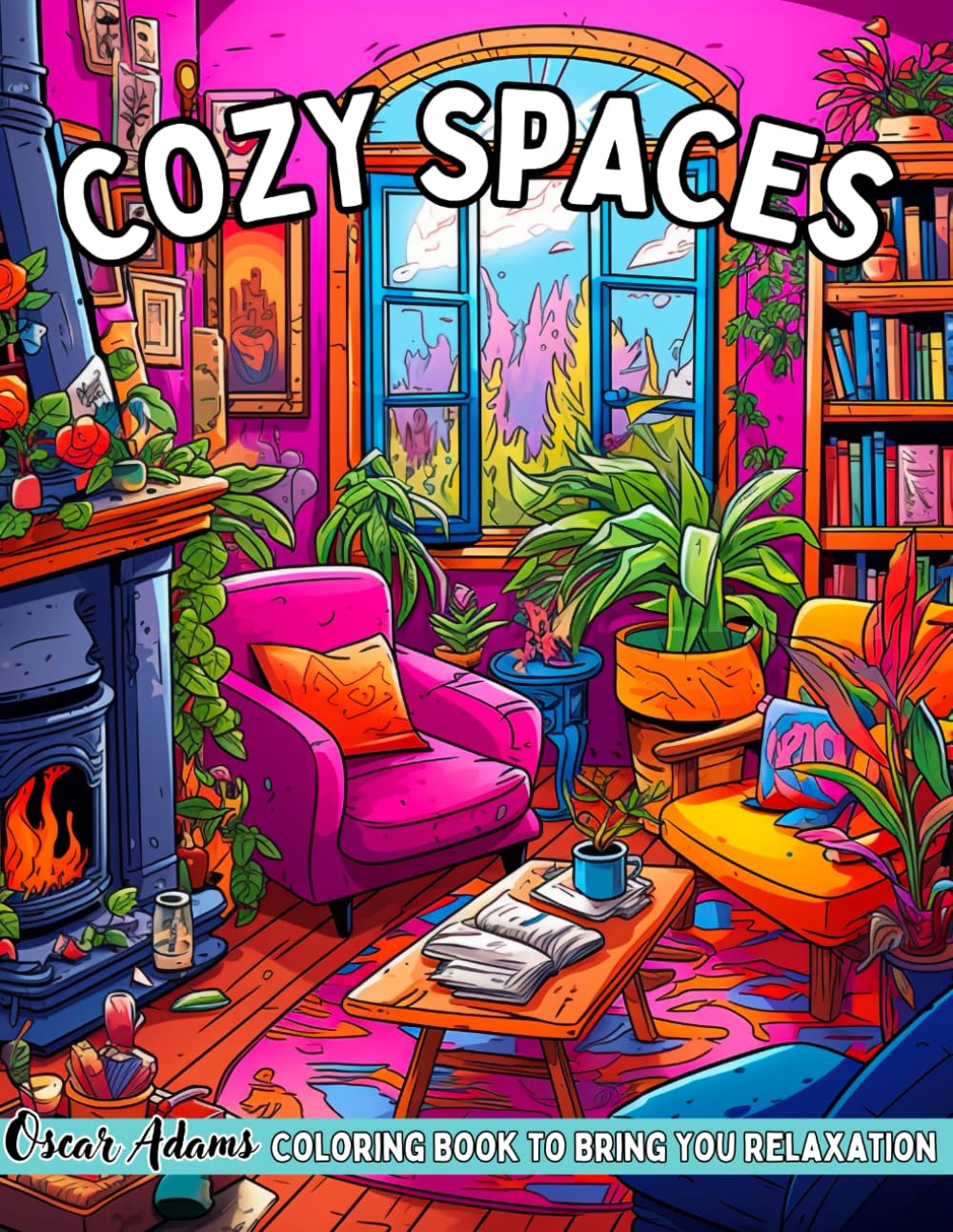 Cozy Spaces Coloring Book: Adults and Teens Relaxing Familiar Corners with Cute Animal Characters for Stress Relief