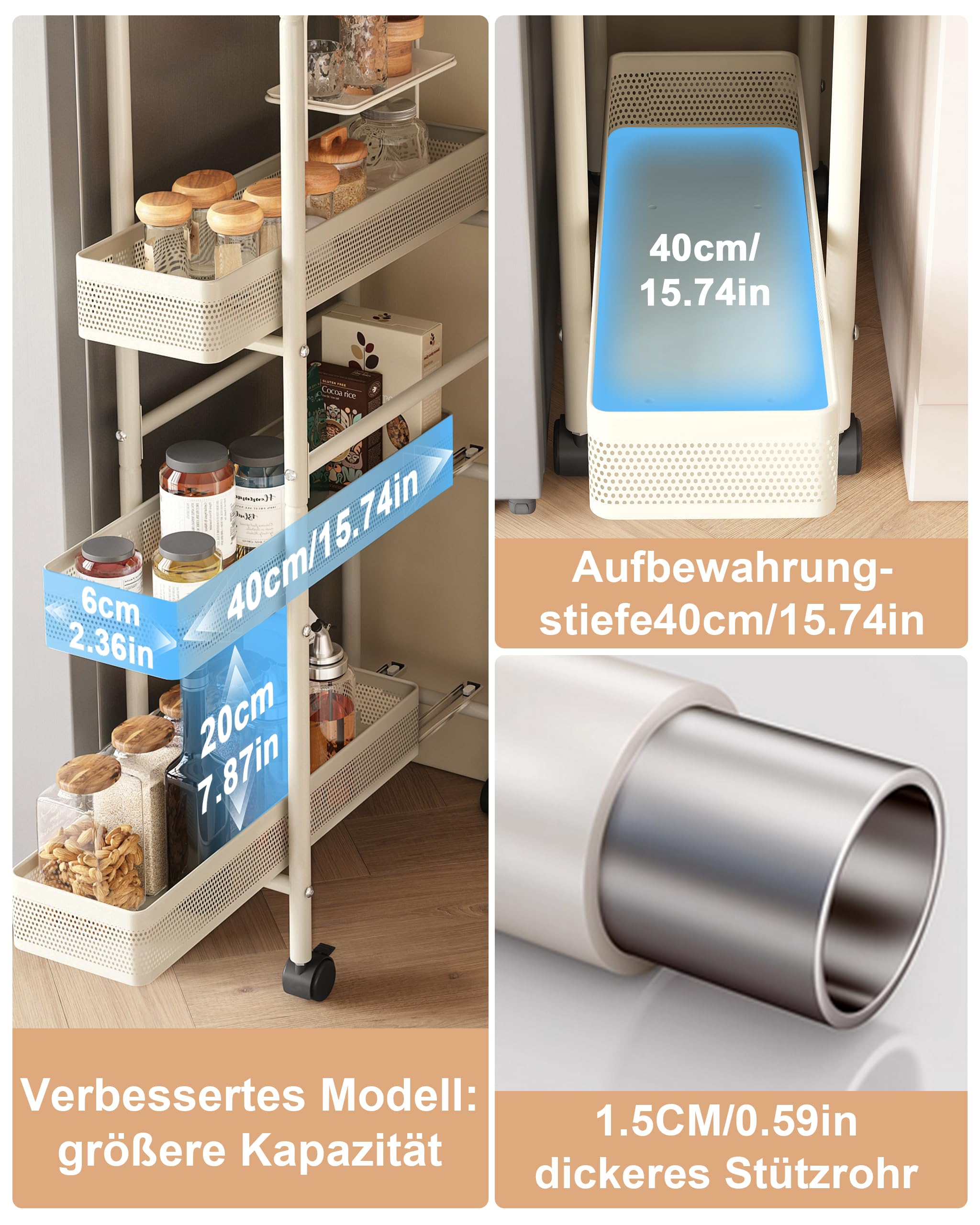 UMDONX Metall Küchenwagen Schmal mit Ausziehbare Schubladen,Nischenwagen Rollwagen 4 Ebenen,Nischenregal auf Rollen für Kleine Räume,Küche,Wohnzimmer,Arbeitszimmer,Bad(Weiß)