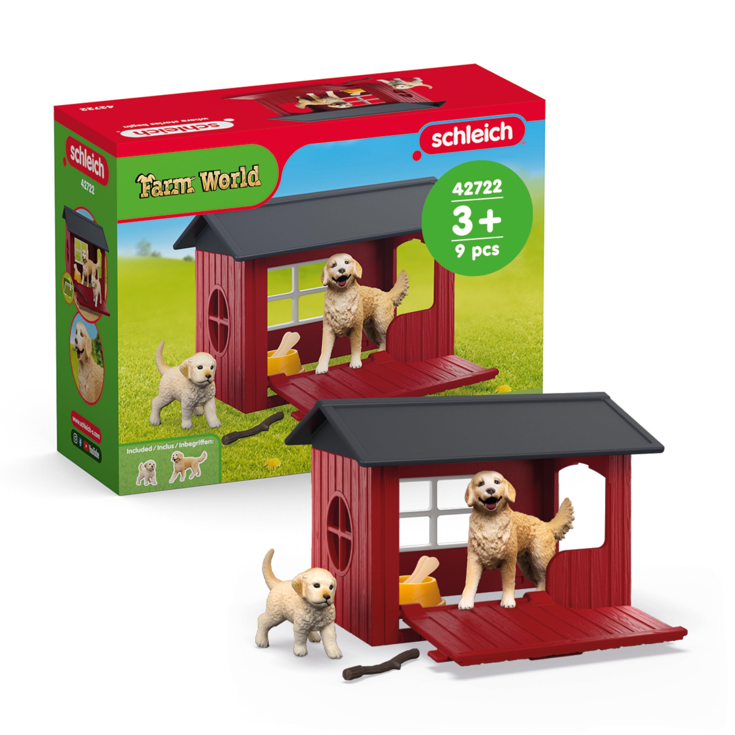 Schleich Farm World Dog Kennel With Retrievers Toy Playset Golden