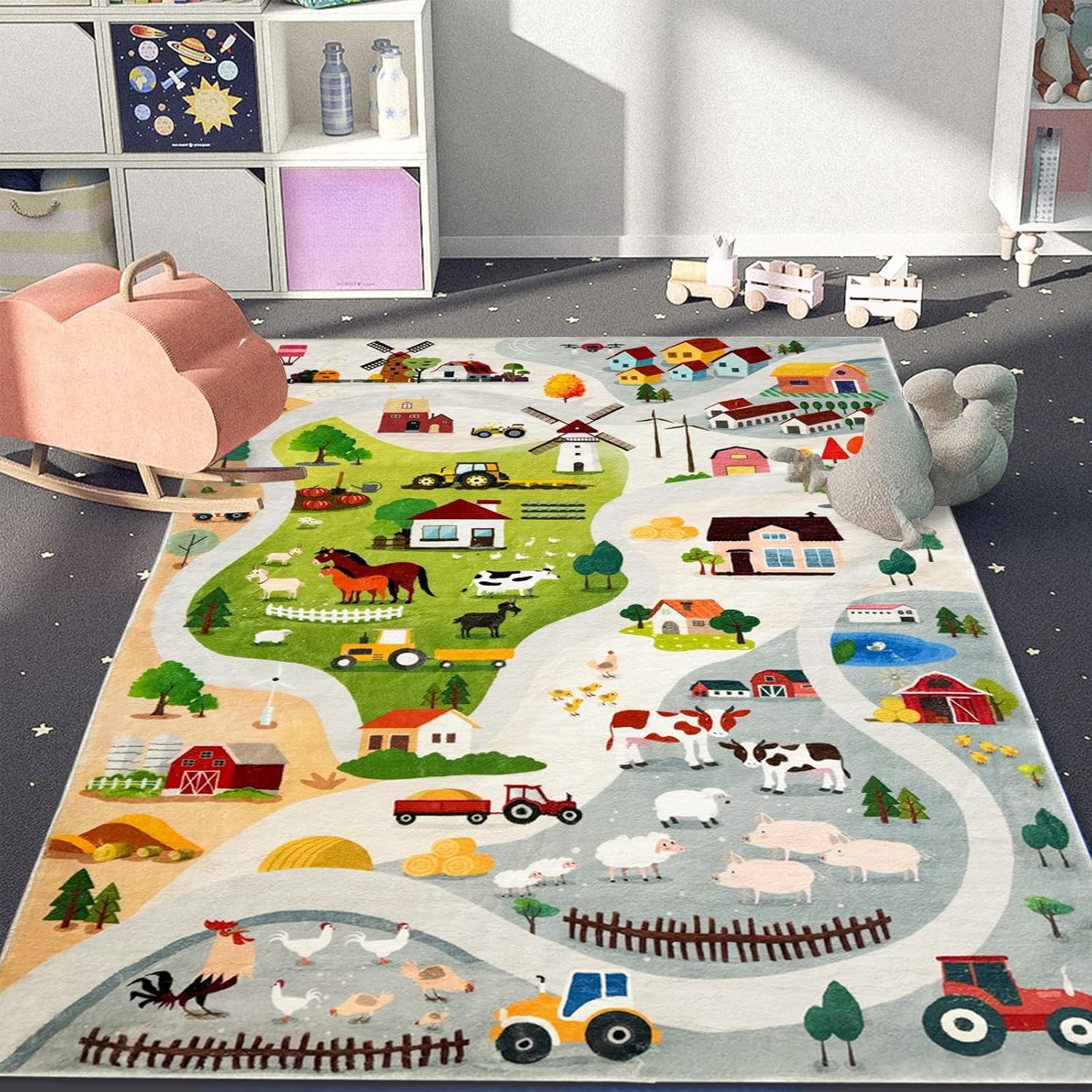 Spielmatte Bauernhoftiere Teppich Für Jungen Straßen Autoteppich Fahrzeugspur Teppich Für Schlafzimmer Spielzimmer Heimdekoration (1,180 x 240 cm)