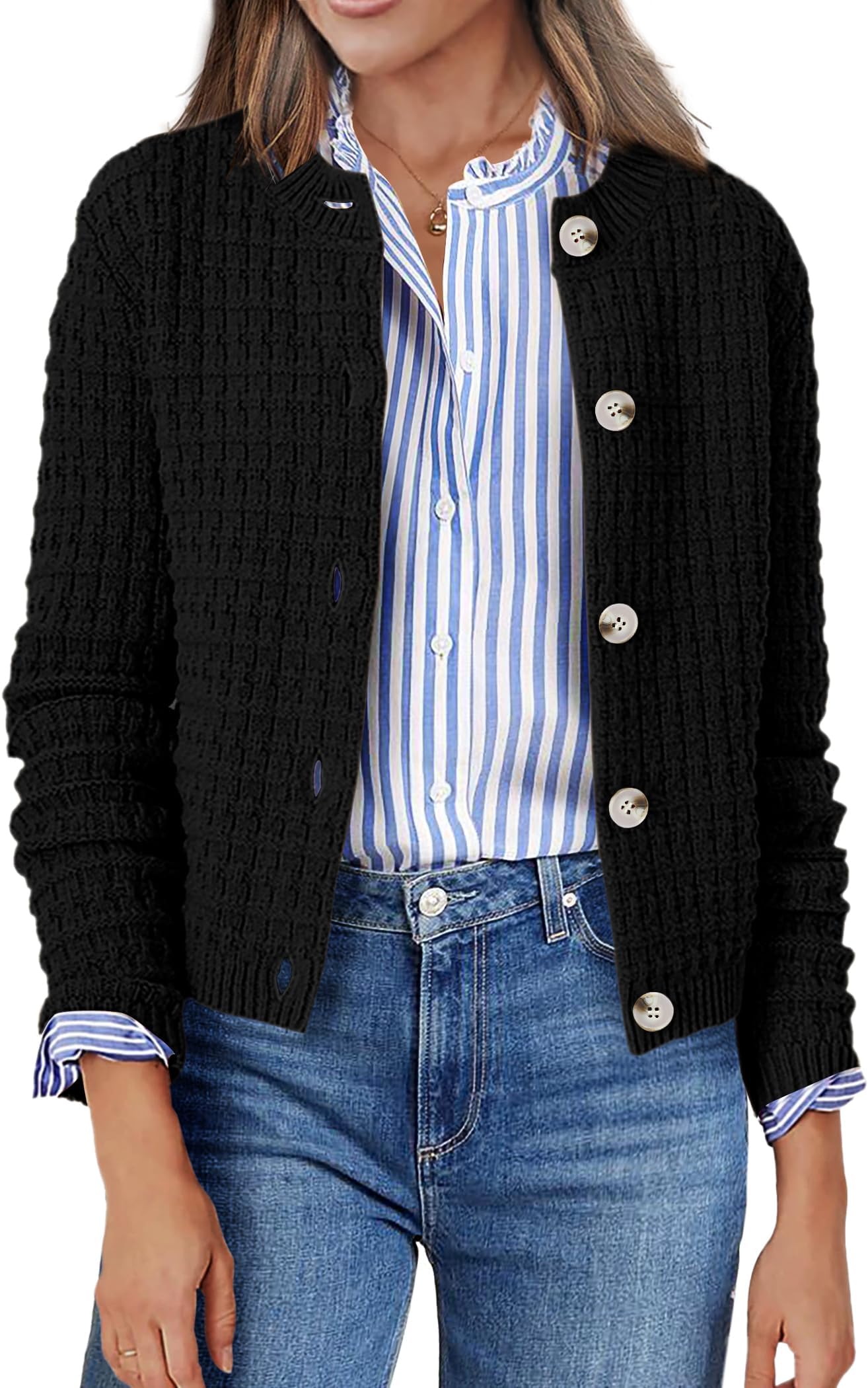 Women's Cardigan Open Front Button Down Knit Sweater Cropped Cardigans Casual Long Sleeve Jackets Outerwear