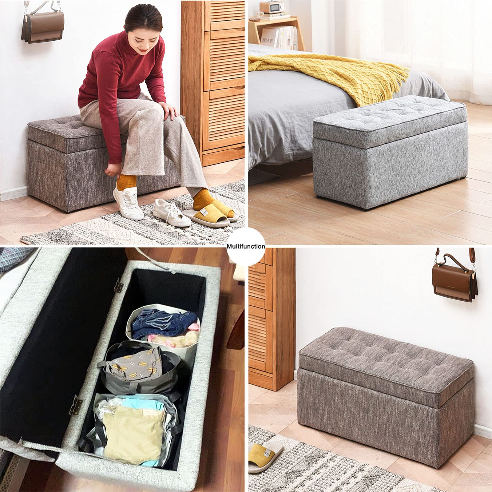 Panca Contenitore di Grande capacità, Seduta Contenitore Imbottita in Cotone e Lino, Comodo Sgabello poggiapiedi, Panca portascarpe, Panca Contenitore Multifunzione, Arancione 98x38x40 cm (