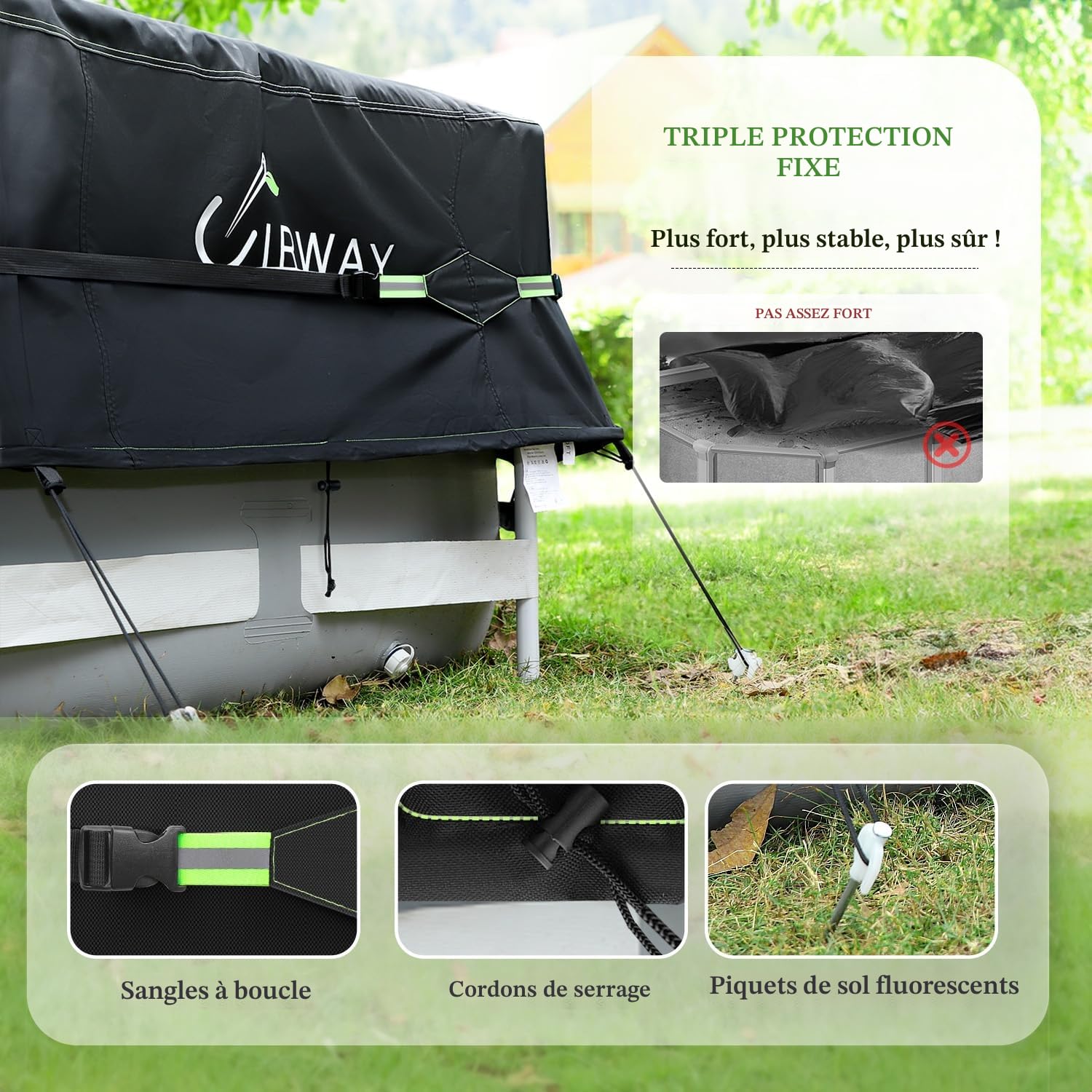 UIRWAY 305 cm Couverture de Piscine Ronde avec Bandes réfléchissantes, Couverture de Piscine pour piscines Hors Sol, Couverture Solaire incluant Une Corde d'attache et des Clous Lumineux au Sol