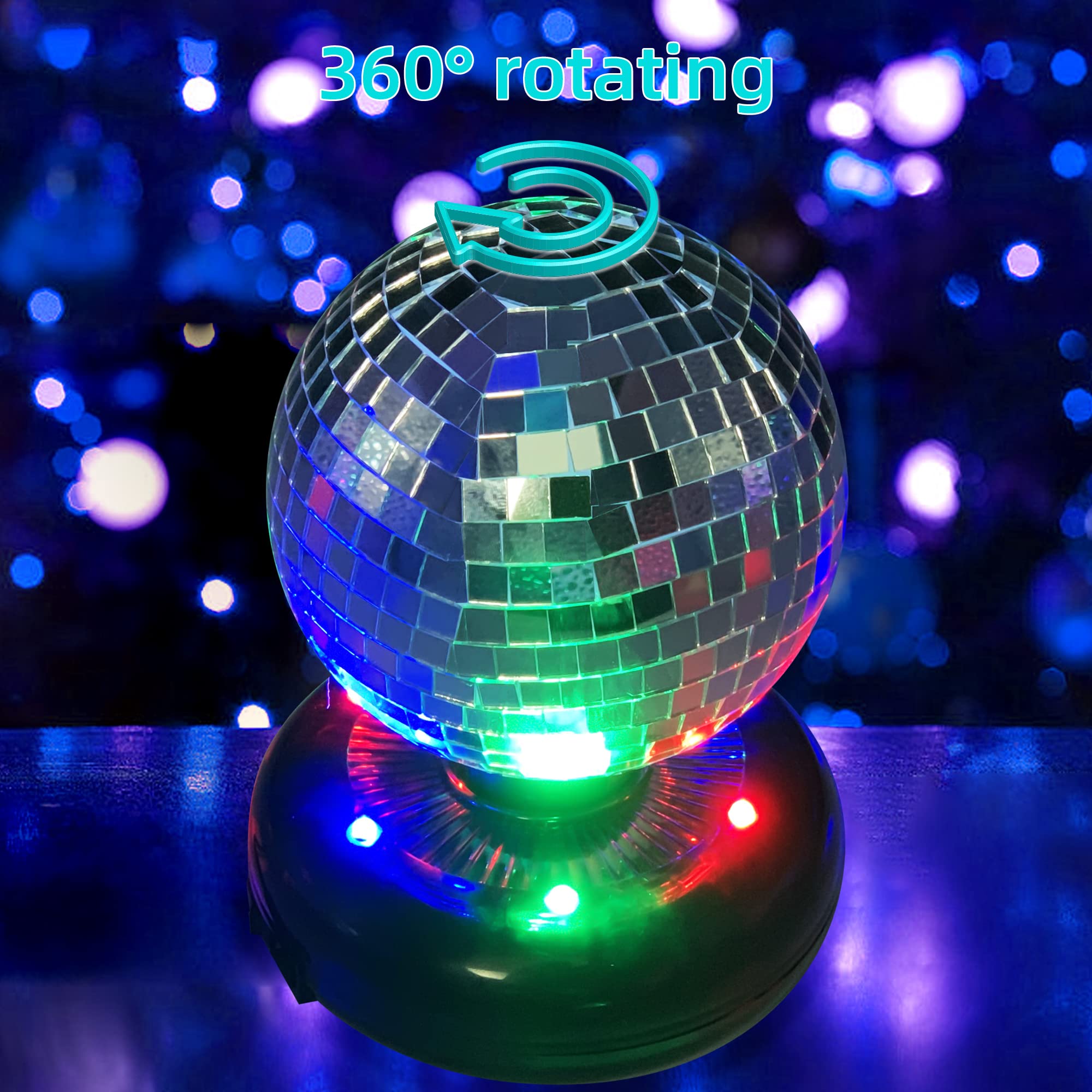 4-Inch Mirror Ball and 6RPM Rotating Motor Base, Disco Party Atmosphere Light, Rainbow Red Green Blue Light, Suitable for Weddings, Nightclubs, Bars, Bands, KTV, Holiday Parties