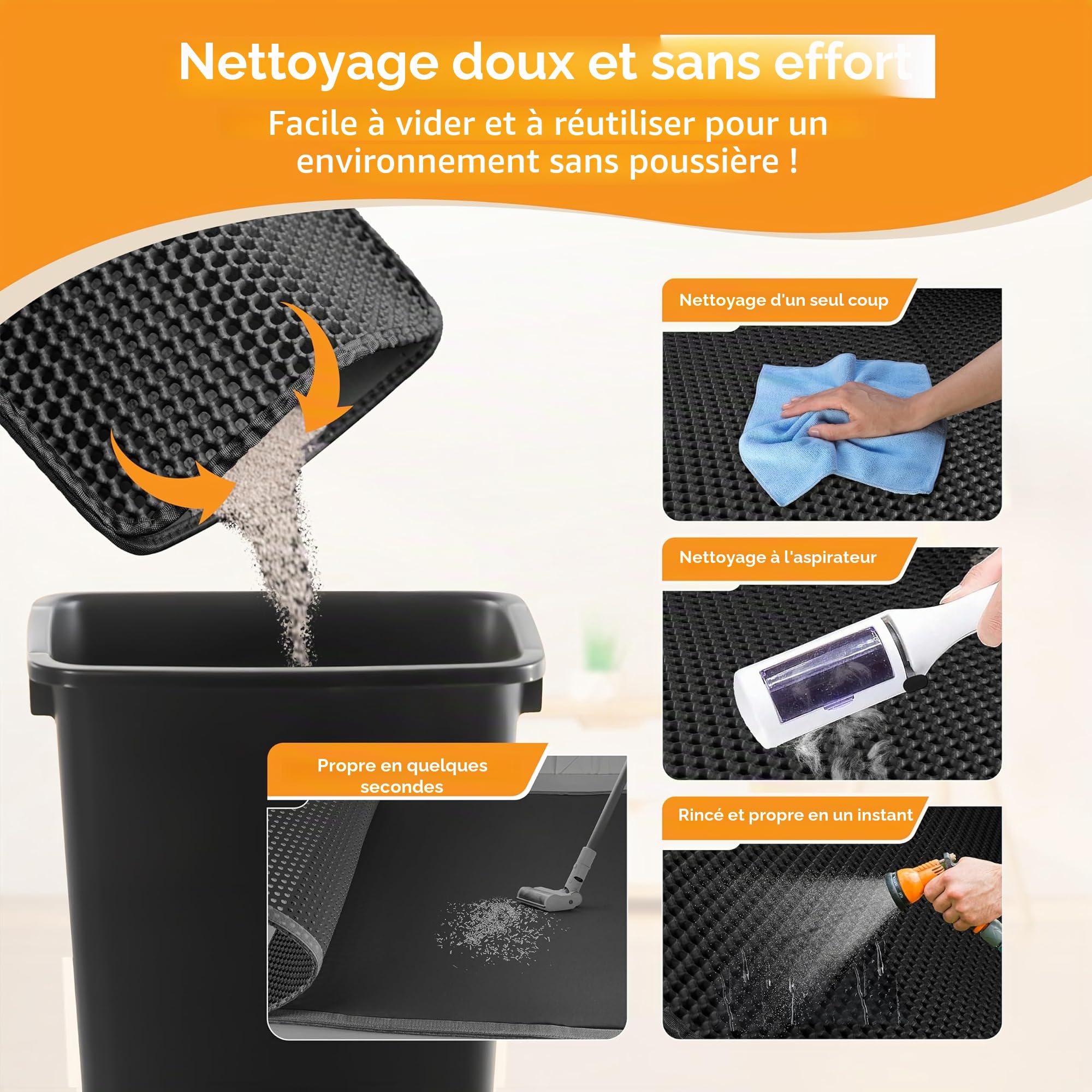 Tapis à litière noir 90x76 – tapis antidérapant pour bac à litière – imperméable & facile à nettoyer