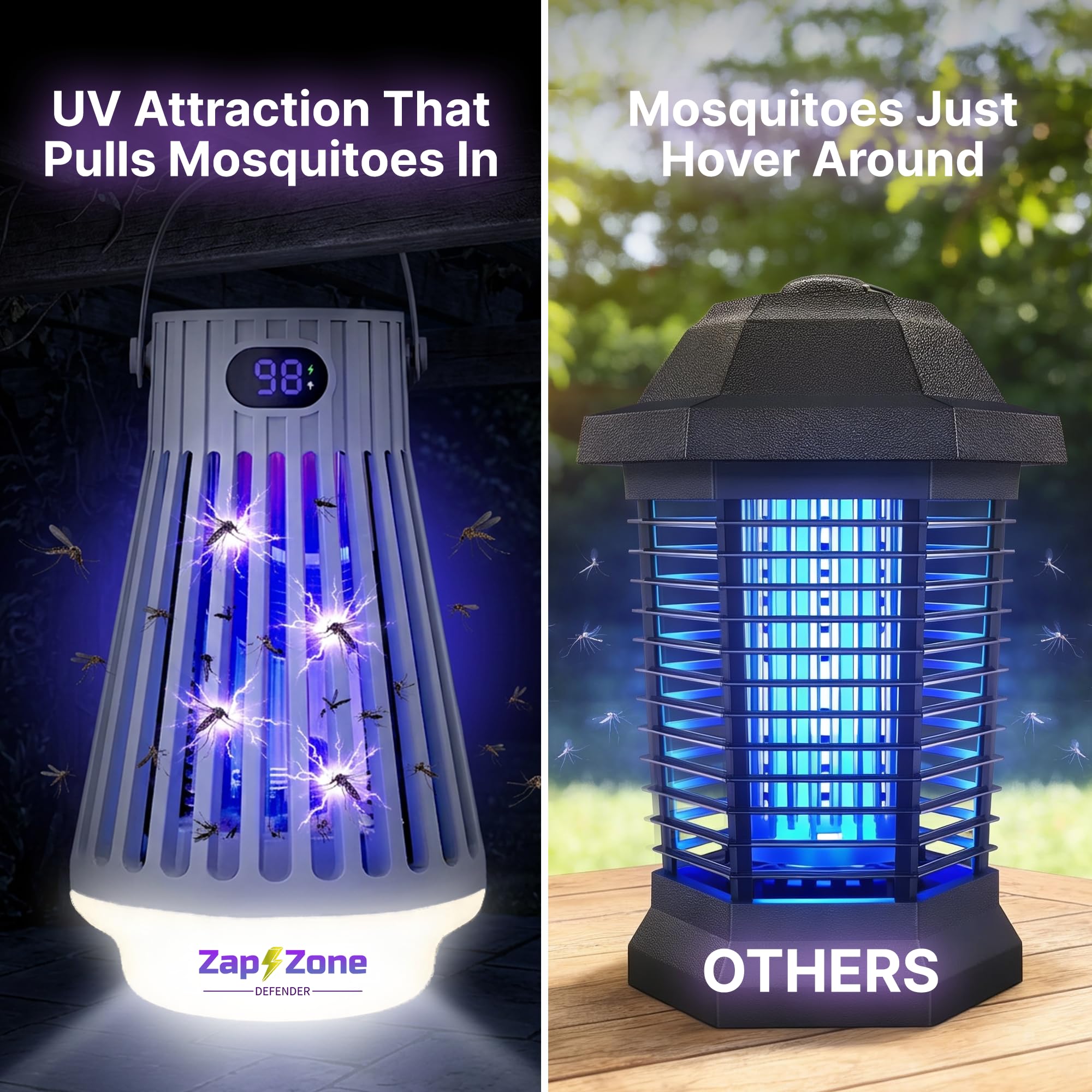 Zap Zone Defender Insektenvernichter für den Innen- und Außenbereich, wiederaufladbar | UV Licht USB-C Elektrische Insektenfalle Mückenschutz Outdoor Terrasse Camping Fallen 3 Modi IPX5 Wasserdicht