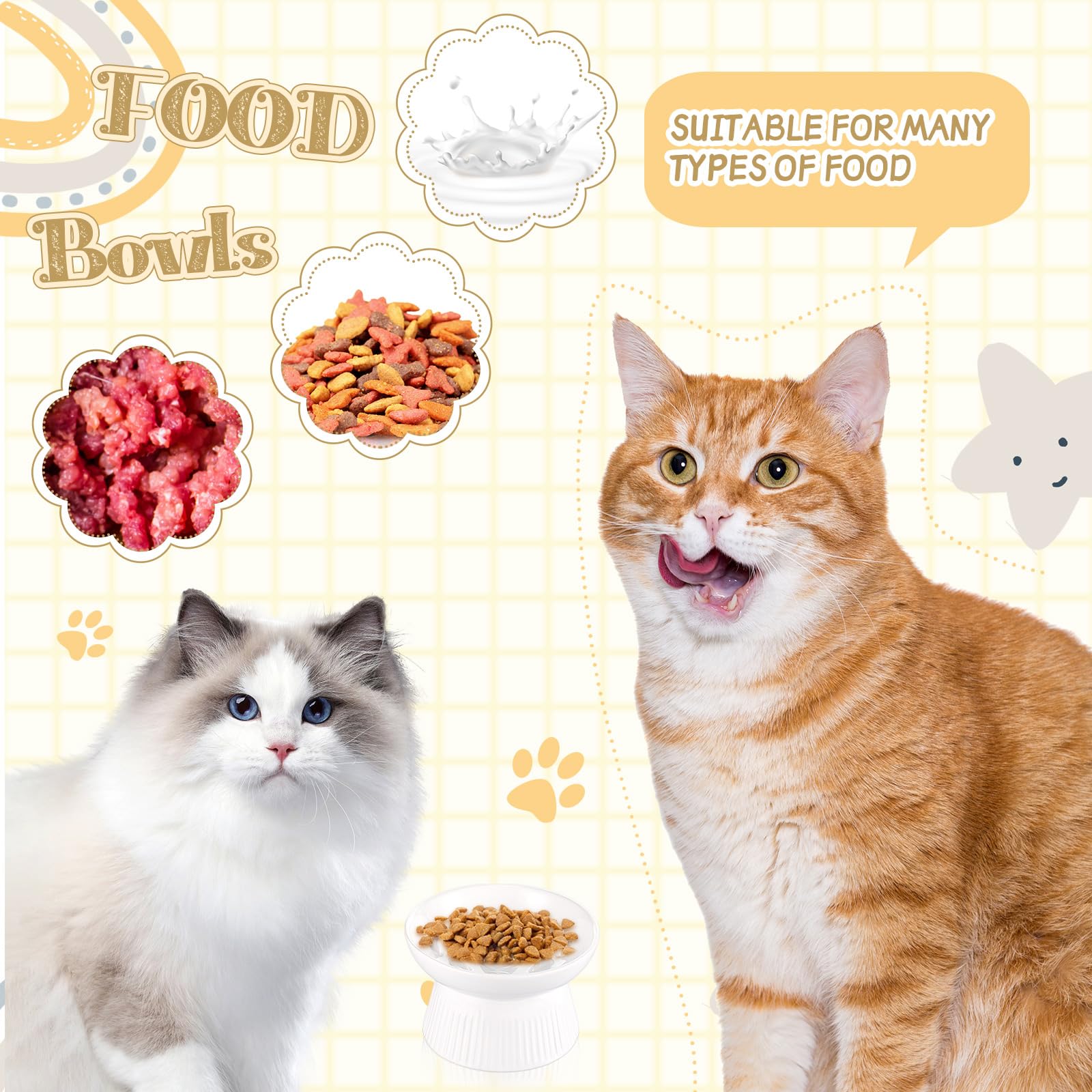 Layhit Lot de 2 gamelles surélevées en céramique pour chat - Anti-vomissements - Pour nourriture sèche et humide - Blanc