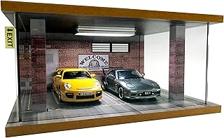 1/24 Scale Die-cast Car Garage Display Case with Clear Acrylic Cover and LED Lighting for 2 Parking Space (Route 66)