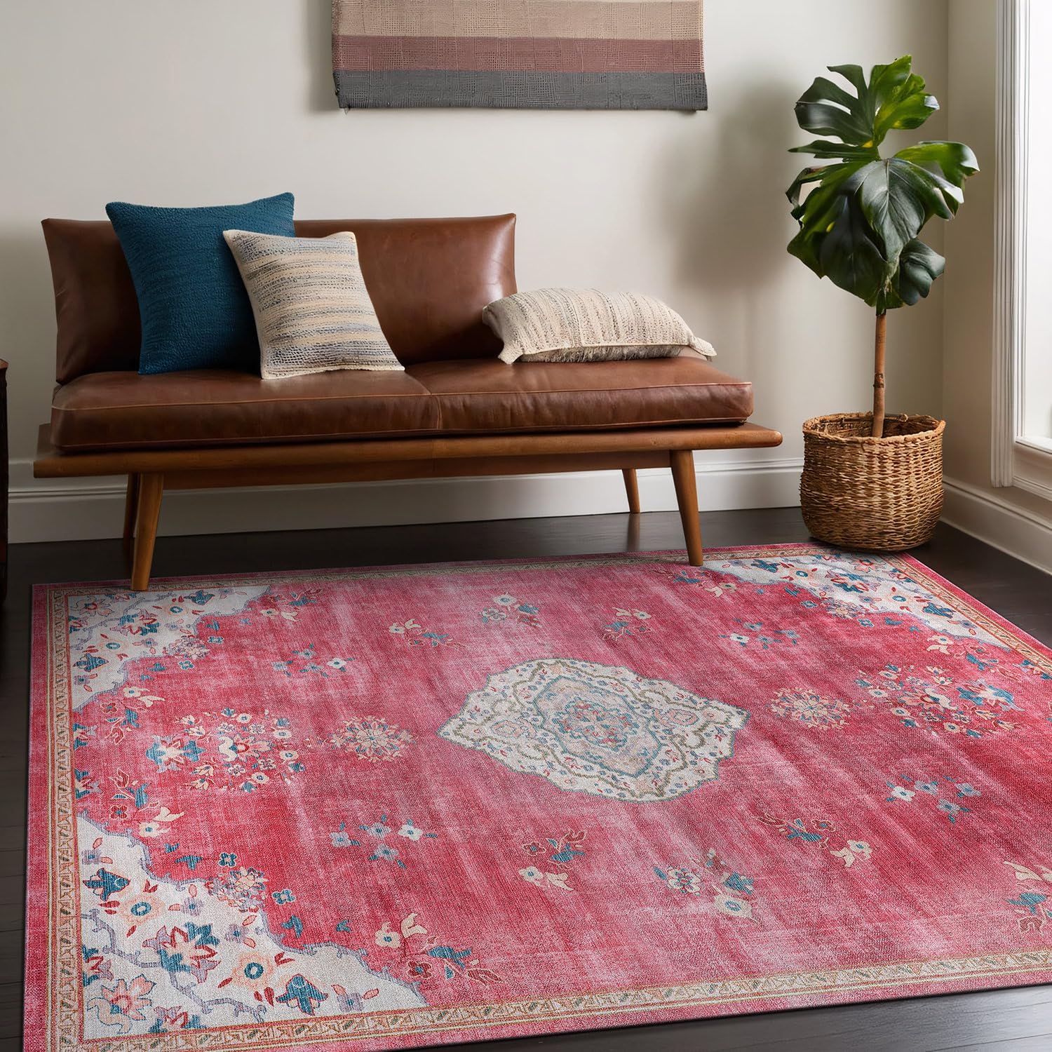 Beverly Rug Non Slip Rugs 5x7 Boho Medallion Floral Non Skid Rubber Backing Easy Silk Soft Area Rug for Living Room Easy to Clean Non Shedding Kitchen Bedroom Indoor Carpet (5 x 7 Fuchsia - Cream)
