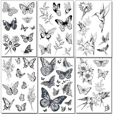 Ladybug & Butterfly Temporary Tattoos: 6 Sheets of Large, Black Designs