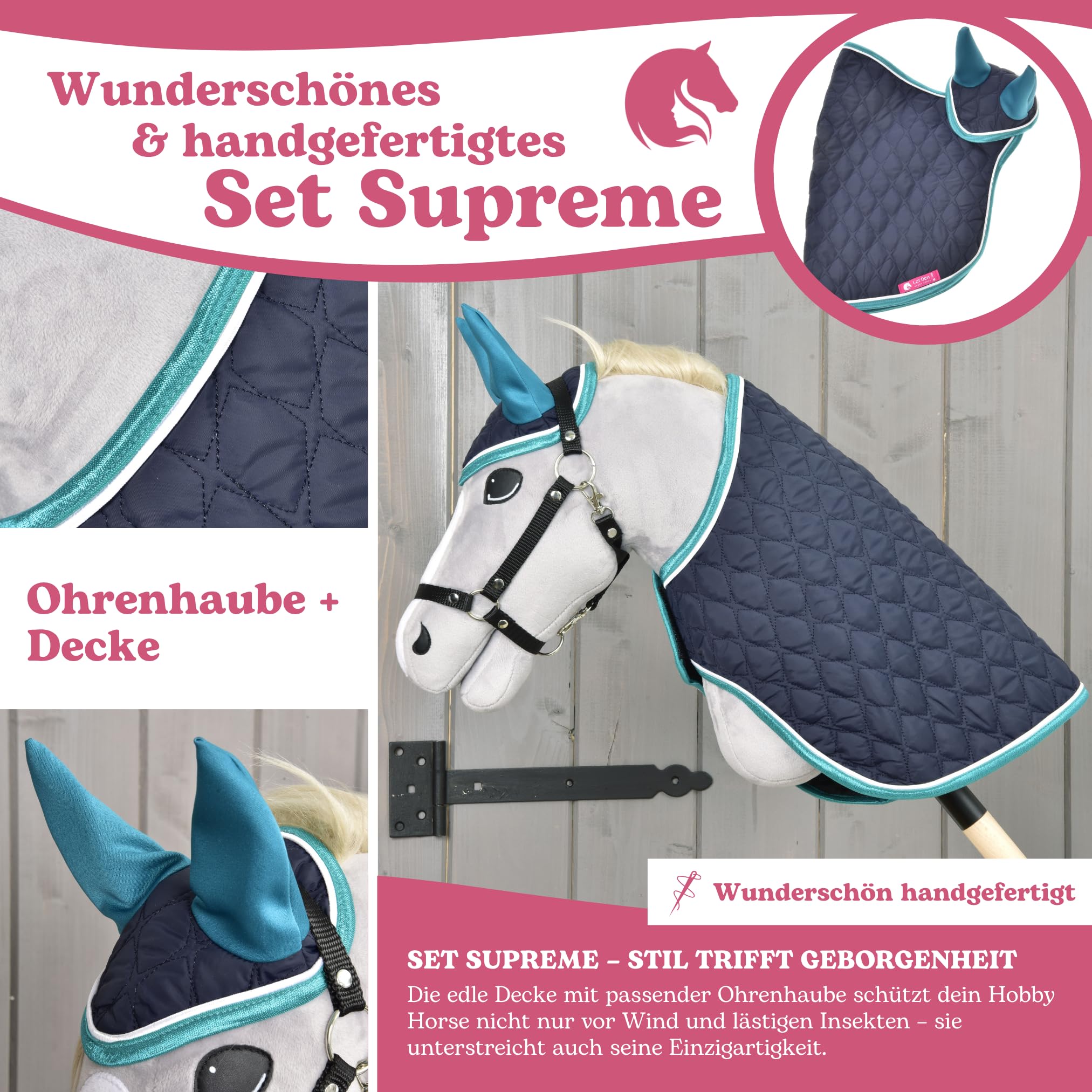 LarDen Hobby Horse Zubehör – Set Supreme Turquoise – Handgefertigte Decke & Fliegenhaube für Steckenpferd, Stockpferd & Spielpferd – Ohrenkappe, Ohrenhaube, Fliegenohren für Kinder – Hobby Horsing
