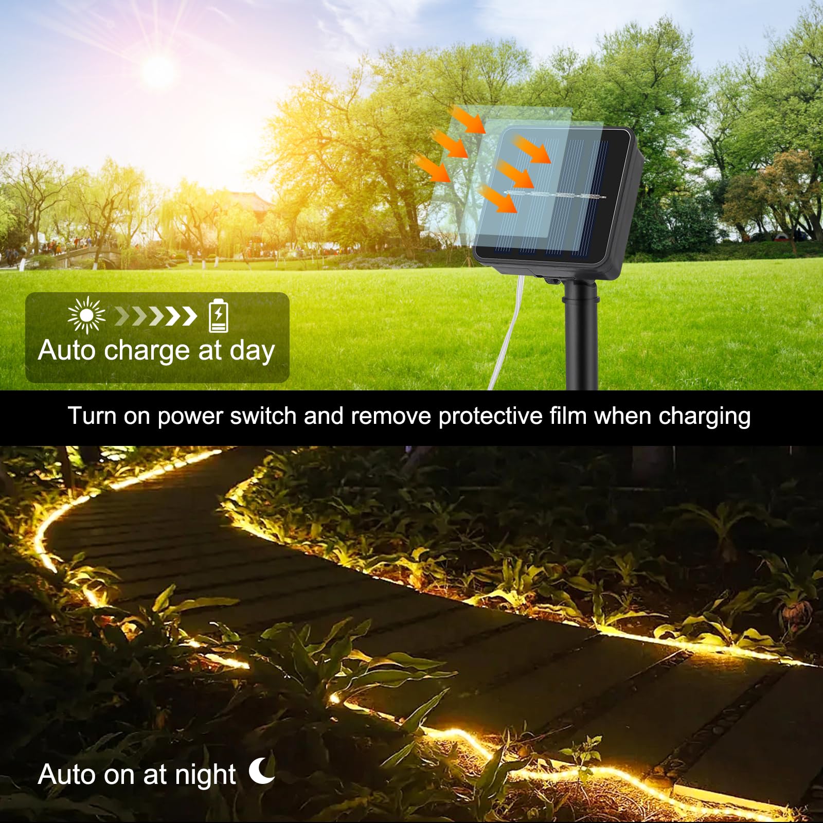WIND STAR Cuerda de luz solar para exteriores, 39 pies, 100 LED, funciona con energía solar, 8 modos, IP65, impermeable, tubo solar, decorativo para patio, jardín, valla, fiesta, camping, boda