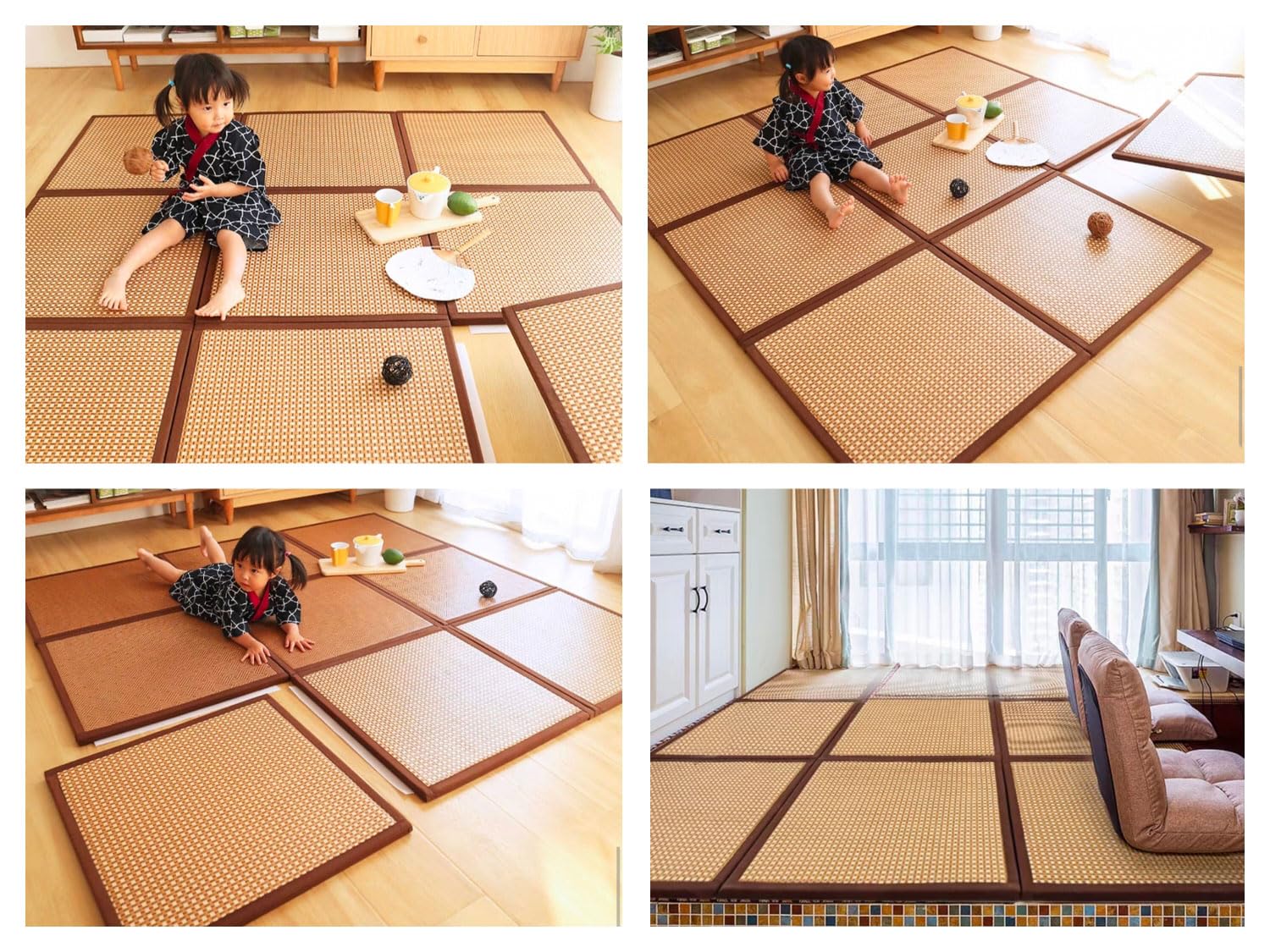 Tapis De Sol Tatami Japonais Pliable Rotin Rotin Tapis De Couchage D'été, Pad Coussin Frais D'été Non Glissant, Chambre à Coucher De Salon Rampant(Size:9 piece 180x180cm/70.9x70.9in,Color:brun clair)