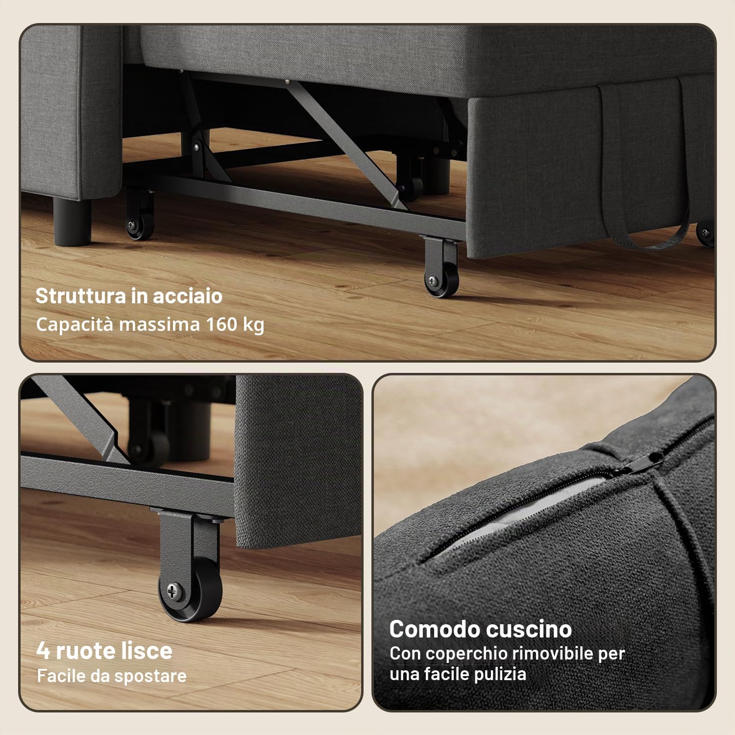 Xbro Poltrona Letto Singolo 3 in 1, Schienale Regolabile, Divano Relax Salvaspazio con Borsa Integrata per Appartamento/Camera da Letto