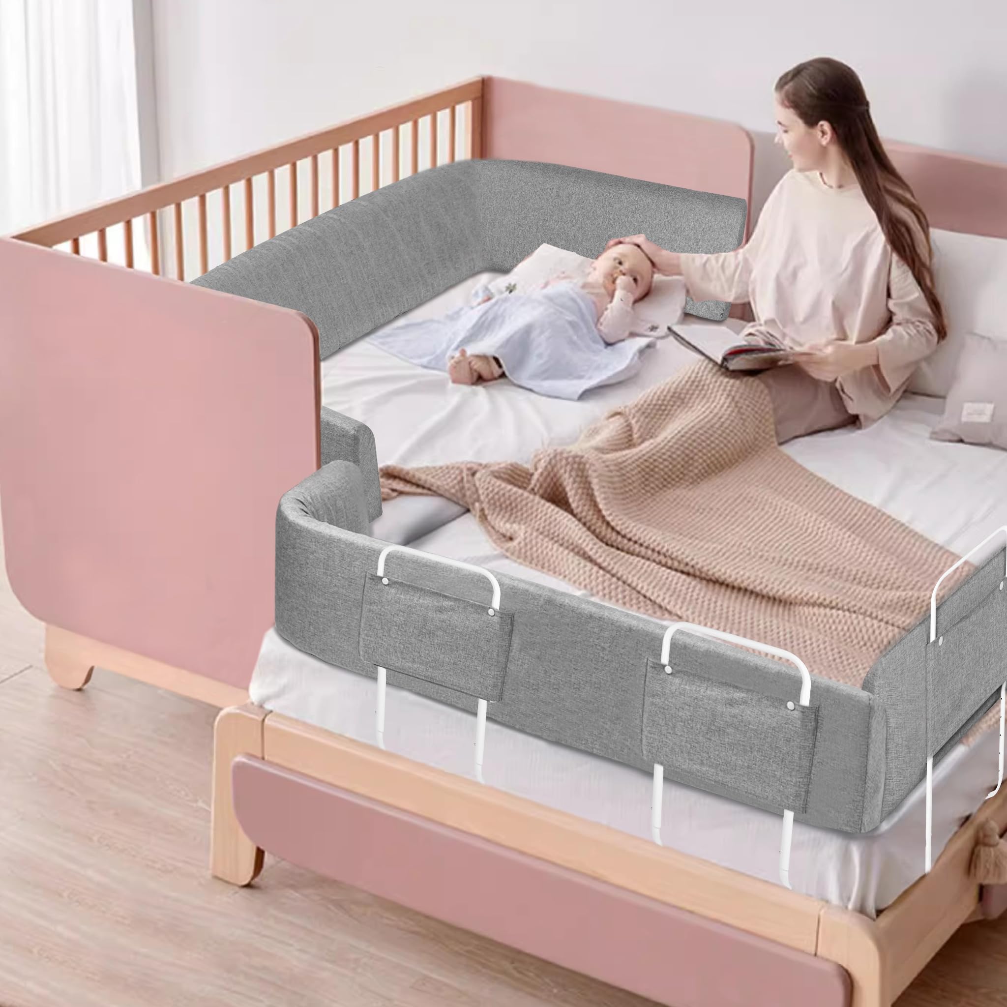 LARS360 Griglia di protezione del letto, 180 cm, per bambini, regolabile in altezza, con chiusura lampo e bottoni a pressione, accessorio portatile per lettino (lino grigio)